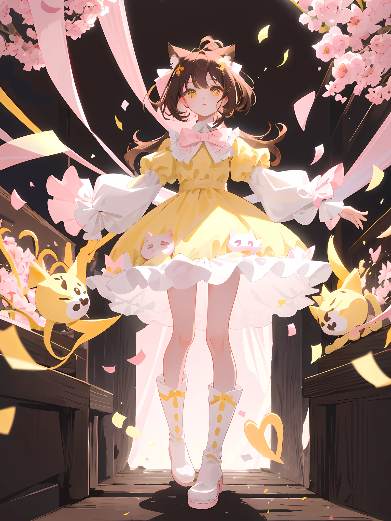 (masterpiece:1.2), (best quality:1.2), perfect eyes, perfect face, perfect lighting, 1girl, chocolate theme, cat ears covered in chocolate, cat tail with bow, ((Color palette: brown, pink, white, yellow)), adorable, cute big cat eyes, rawr, petit dress, thigh boots with pink lace, (full body, wide shot), dynamic angle, prism effect, 4k, a style, background is a semi-abstract cat themed pattern with polka dots and confetti