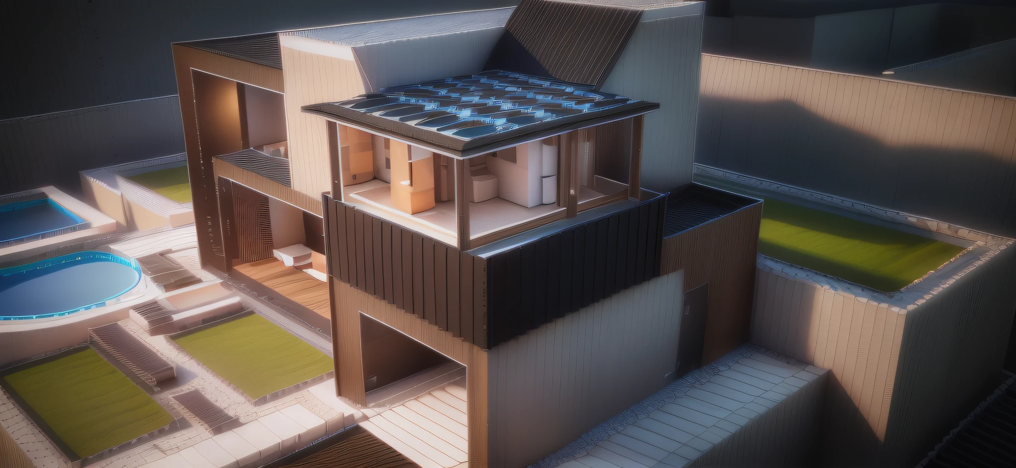 House rendering, Perspective, Isometric view, zoomed-out view, Isometric view from behind, 3 D perspective, Detailed rendering, Top view, Isometric view, 3 D structure, Very high level of detail, Well rendered, 3D rendering, Detail structure, natural, ecological, professional rendering