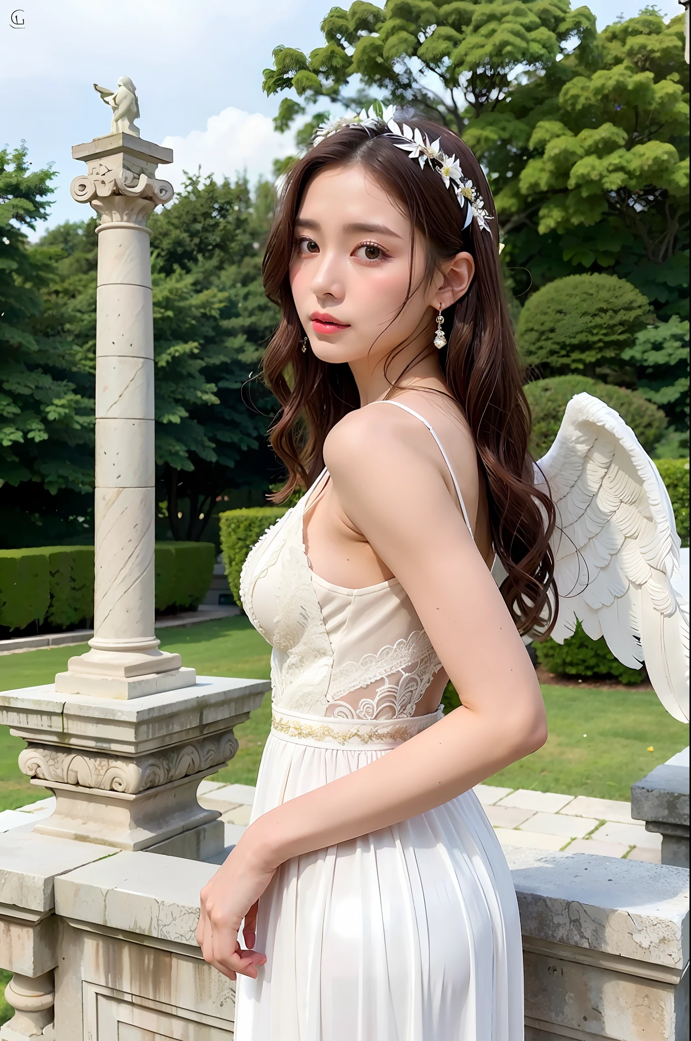 Dressed up with winged cute angel, wearing a beautiful garland on his head, symmetrical white feather material imitating huge wings, exquisite details, portraits, breasts, outdoors, ancient buildings, tall stone pillars, stone railings, a 25-year-old woman named Yiping in an ancient castle: 2, eyes looking at the camera, back to the camera, natural expression, posture not stiff, curly wavy long hair, white dress long dress, the same character, various poses, different angles, rich skin details: 1.5,
