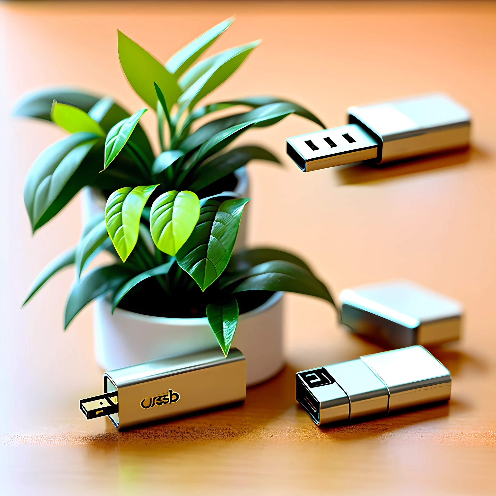 A USB flash drive is placed on the table A little close-up, give a close-up, with a little plant decoration around, the overall bright style