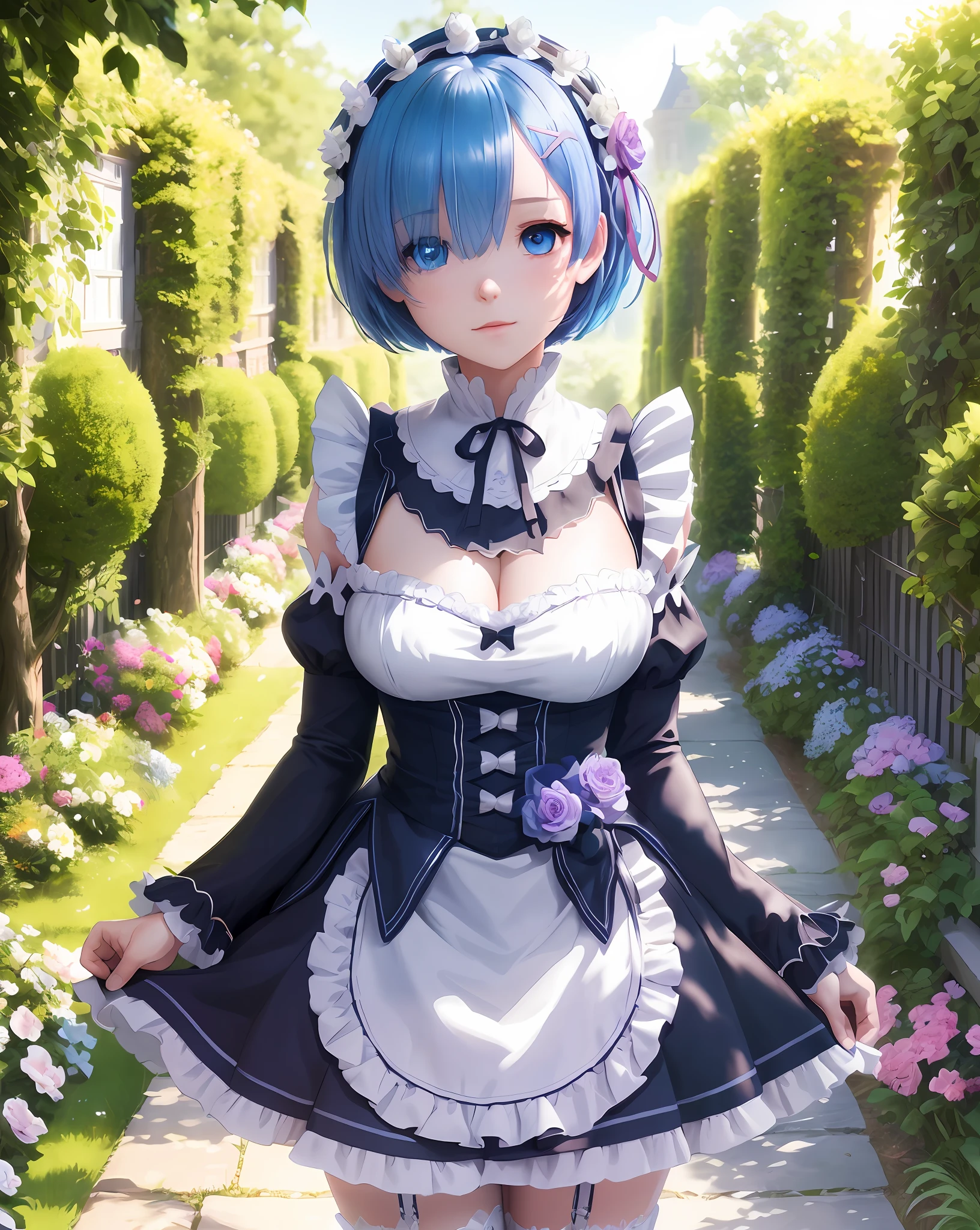 Masterpiece, best quality, super detailed, illustration, epic lighting, cinematic composition, colorful, sharp: 1.3, 1girl, rem_\(re:zero\), medium breasts, blue hair, short hair, (one eye Hair: 1.3 ), eyes_visible_through_hair, blue eyes, roswaal_mansion_maid_uniform, apron, white stockings, garters, standing, upper body, outdoors, mansion, summer, garden, flowers, trees, grass, bushes, sunlight, (extremely detailed CG: 1.2), (8k :1.1),