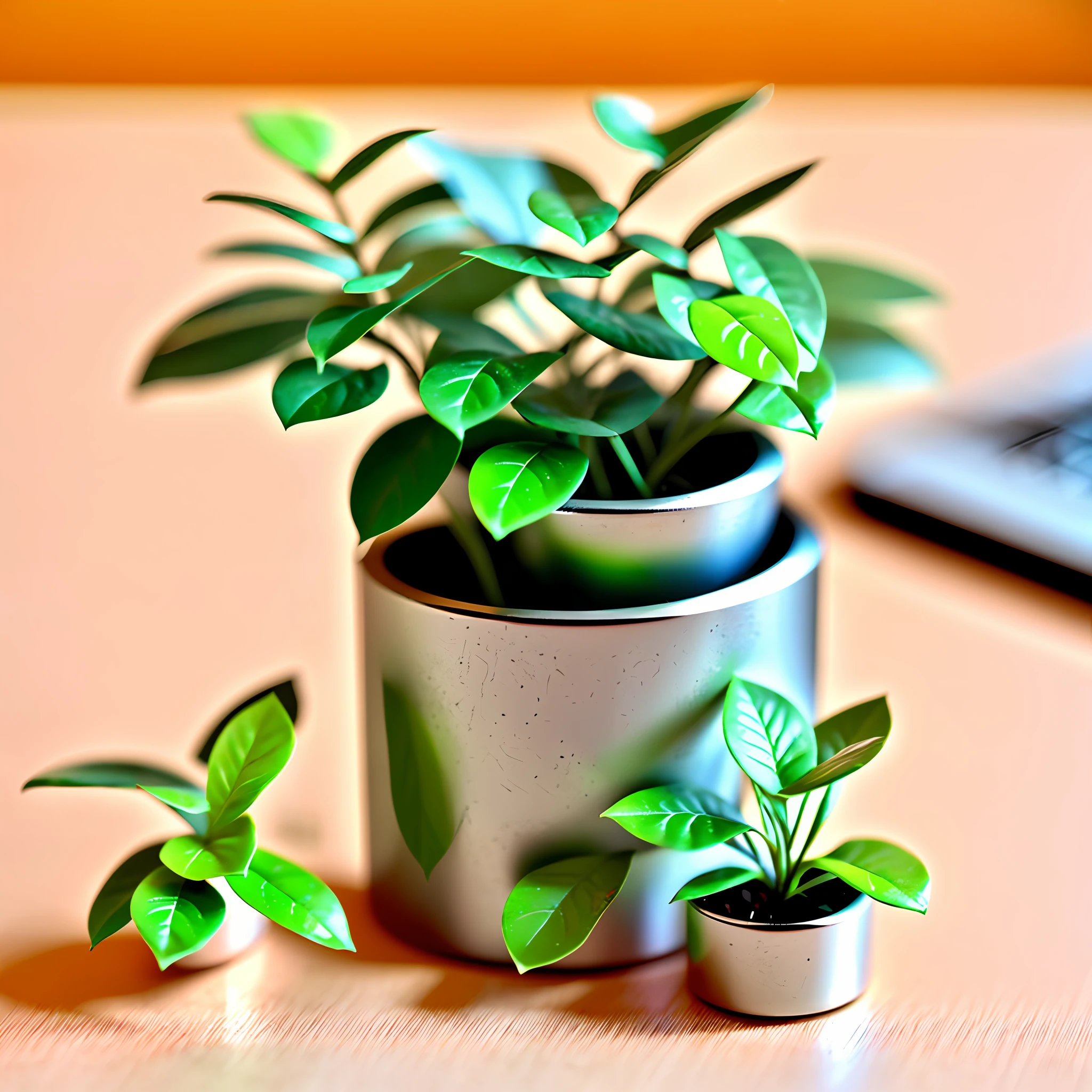 A USB flash drive is placed on the table A little close-up, give a close-up, with a little plant decoration around, the overall bright style