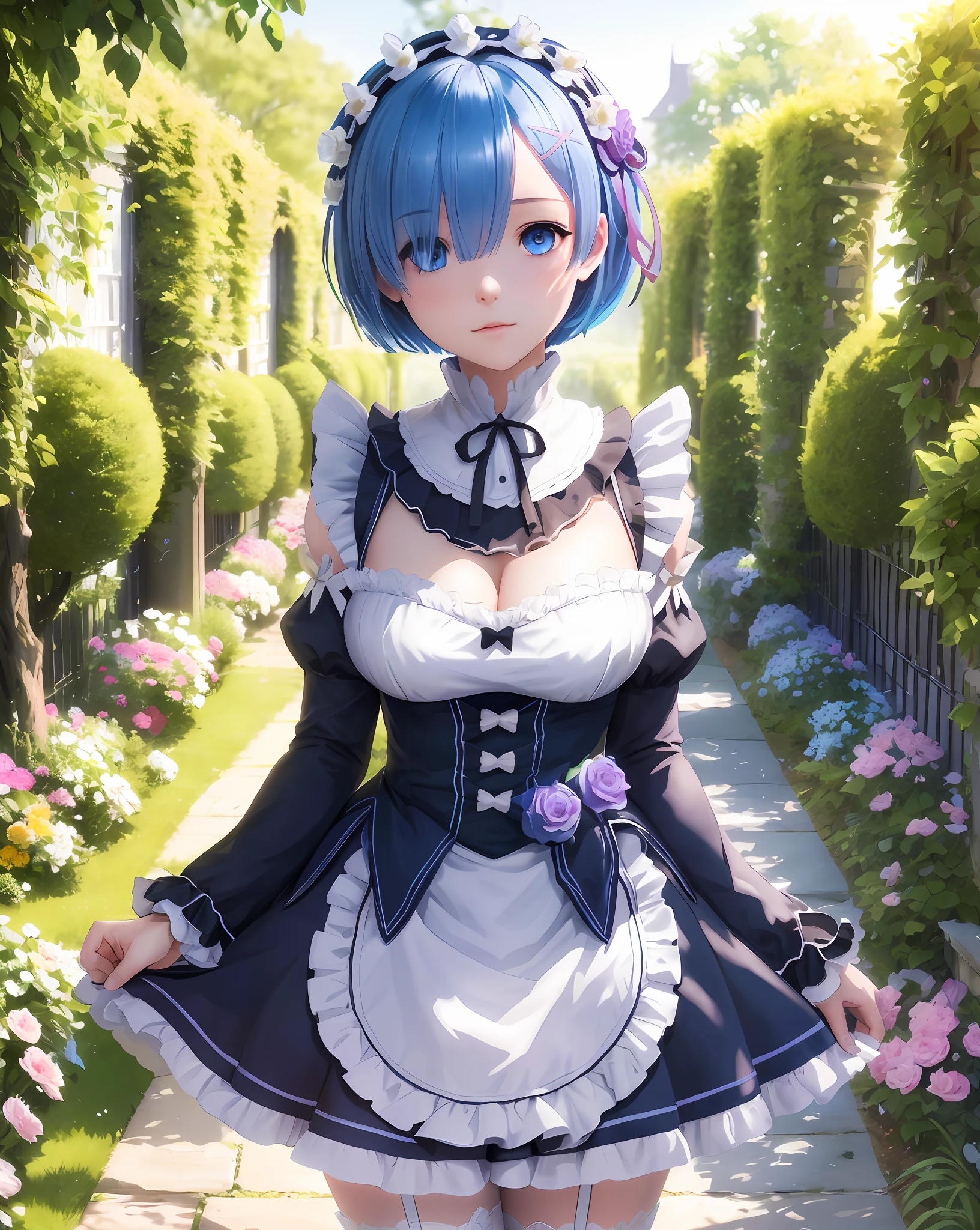 Masterpiece, best quality, super detailed, illustration, epic lighting, cinematic composition, colorful, sharp: 1.3, 1girl, rem_\(re:zero\), medium breasts, blue hair, short hair, (one eye Hair: 1.3 ), eyes_visible_through_hair, blue eyes, roswaal_mansion_maid_uniform, apron, white stockings, garters, standing, upper body, outdoors, mansion, summer, garden, flowers, trees, grass, bushes, sunlight, (extremely detailed CG: 1.2), (8k :1.1),