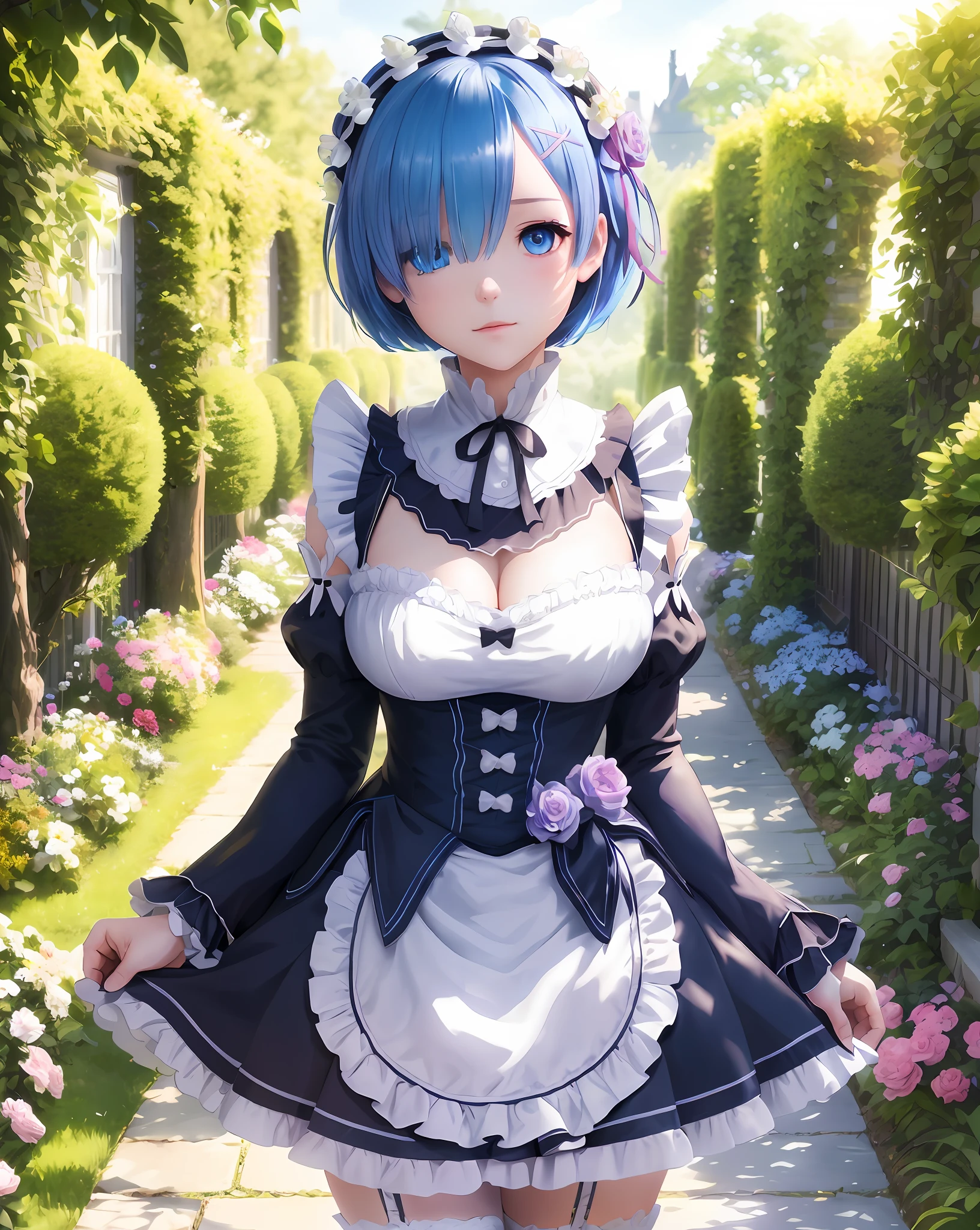 Masterpiece, best quality, super detailed, illustration, epic lighting, cinematic composition, colorful, sharp: 1.3, 1girl, rem_\(re:zero\), medium breasts, blue hair, short hair, (one eye Hair: 1.3 ), eyes_visible_through_hair, blue eyes, roswaal_mansion_maid_uniform, apron, white stockings, garters, standing, upper body, outdoors, mansion, summer, garden, flowers, trees, grass, bushes, sunlight, (extremely detailed CG: 1.2), (8k :1.1),