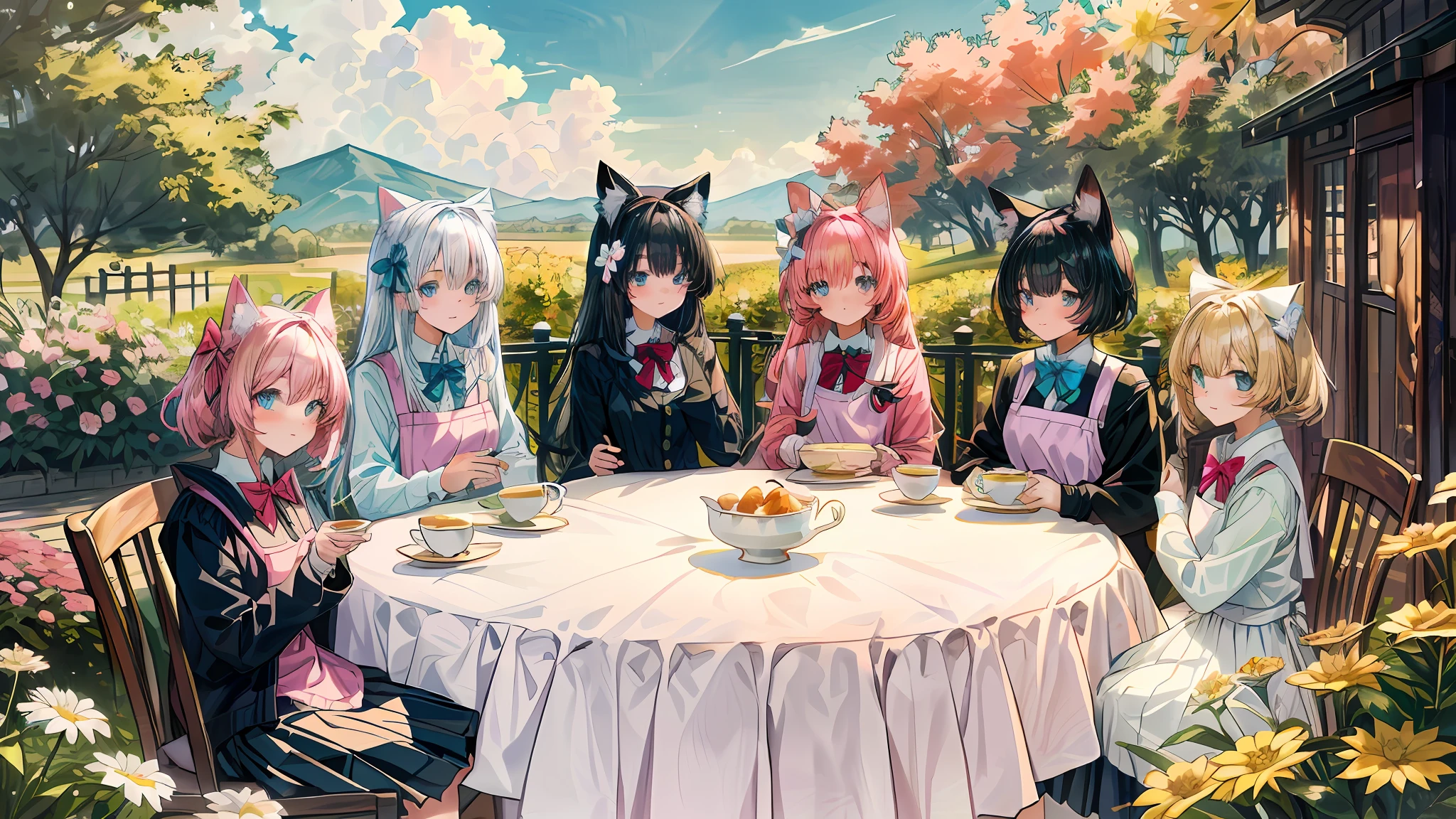 Anime characters sitting at a table with food and drinks, afternoon party, tea party, anime style 4 k, anime art wallpaper 8 k, detailed fanart, high-quality fanart, 4k anime wallpaper, official fanart, anime girl with cat ears, official art, (several girls 1.5), (girl 1.4) bow, tea cup, animal ears, blonde hair, outdoors, (girl 1.4) long hair, sitting,  black hair, table, cup, bow tie, flower, blue eyes, jacket, chair, (girl 1.4) short hair, shirt, smile, teapot, blue bow, black jacket, cat ears, animal ear fluff, (girl 1.4) long sleeves, white dress, pink hair, bangs, pink flower, (girl 1.4) white hair, white shirt, day, sky, cloud, (girl 1.4) pink bow, yellow flower, six girls, wood, skirt,  green bow, 6 girls, red bow, saucer, collared shirt, blush, white apron, tiered tray, tea, black skirt, red flower, looking at the viewer, hair between the eyes, pleated skirt