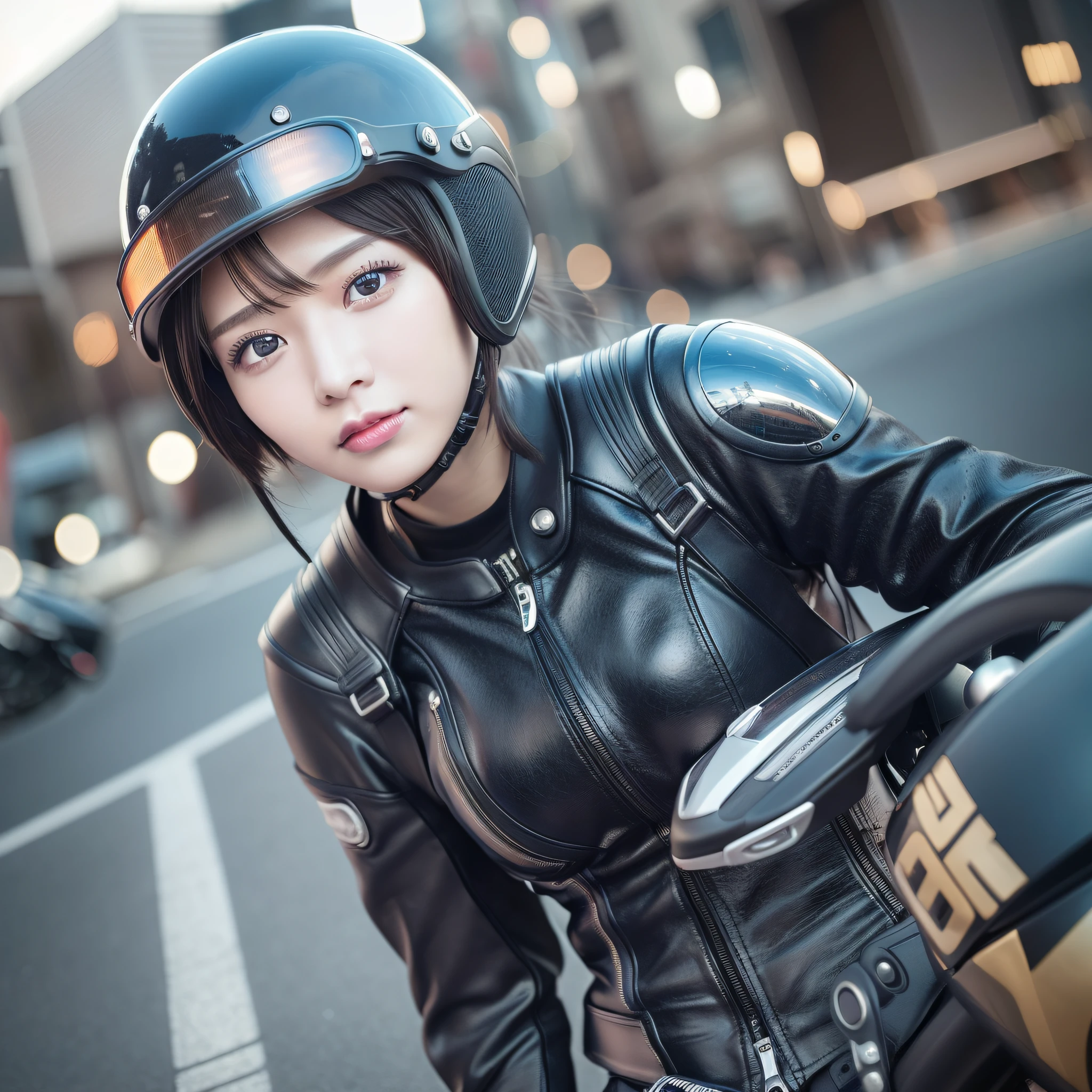 Motorcycle Moto (8k, RAW photo, best quality, mastery:1.2), (realistic, photo photorealistic:1.37), (Kpop idol), (aegyo sal:1), cute, professional lighting, photon mapping, radiosity, physically based rendering, cosplay, lucy (cyberpunk), Bob cut, mechanical parts, blue eyes, JK skirt Cool helmet Black helmet Extreme rendering (skin texture) closeup, cinematic light, Side light, close-up Ultra High resolution, Best shadows, RAW, upper body, photography, photograph, masterpiece, best quality, ultra detail, photographic effect, photograph, fujifilm, realistic style, motorcycle, miniskirt, 35mm lens