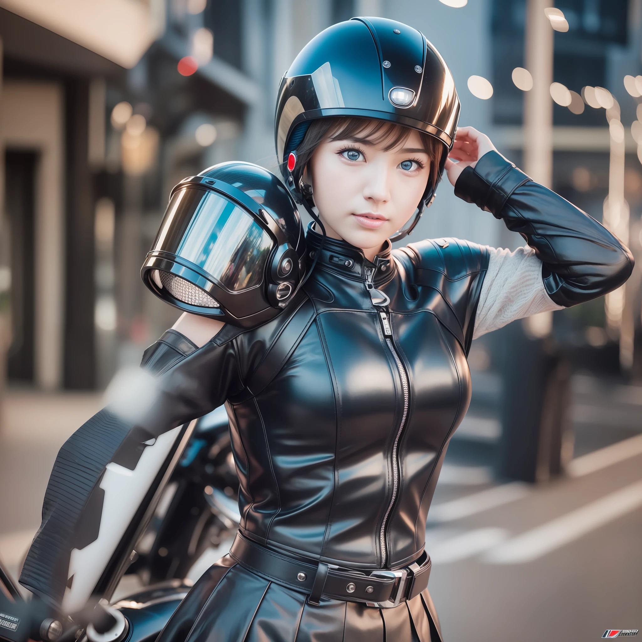 Motorcycle Moto (8k, RAW photo, best quality, mastery:1.2), (realistic, photo photorealistic:1.37), (Kpop idol), (aegyo sal:1), cute, professional lighting, photon mapping, radiosity, physically based rendering, cosplay, lucy (cyberpunk), Bob cut, mechanical parts, blue eyes, JK skirt Cool helmet Black helmet Extreme rendering (skin texture) closeup, cinematic light, Side light, close-up Ultra High resolution, Best shadows, RAW, upper body, photography, photograph, masterpiece, best quality, ultra detail, photographic effect, photograph, fujifilm, realistic style, motorcycle, miniskirt, 35mm lens