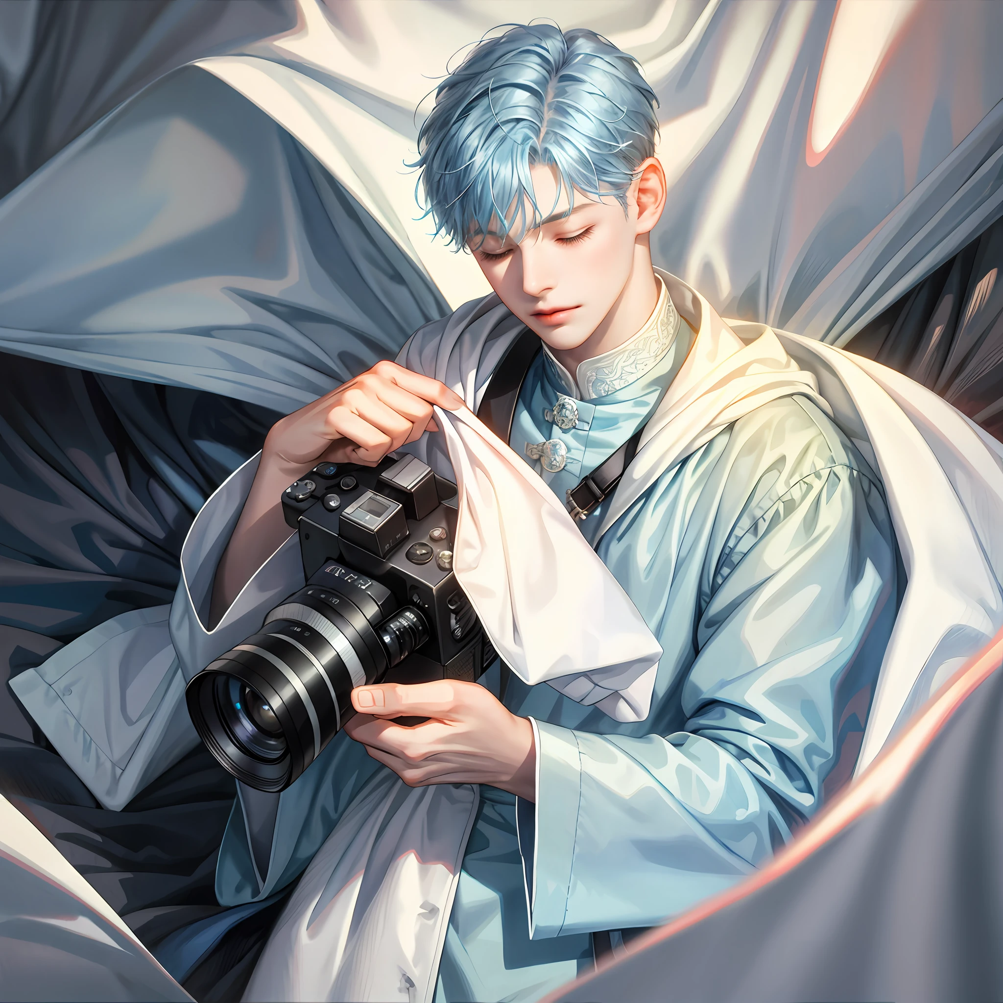 1 boy, soloist, camera, holding, white quilt, quilt, holding camera, short blue hair, eyes closed, shadow,