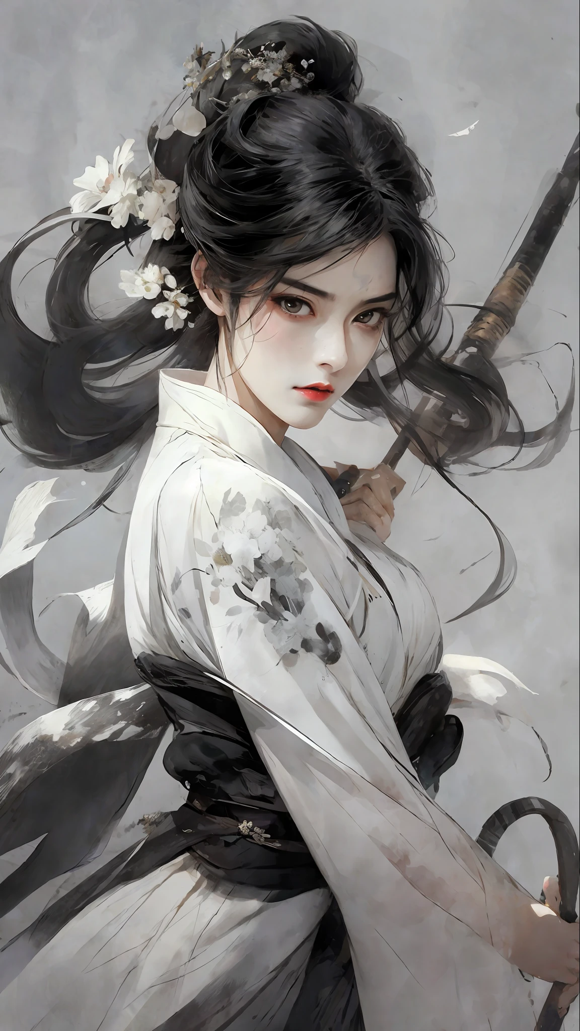 A bust of a woman with black hair and black eyes, a woman, a serious expression, holding a weapon, attack action, dynamic composition, bowed head, Hanfu, white clothes, cold eyes, loose hair, (ink smudge) beautiful character painting, clothing black and white ink style, face delicate color, watercolor, light color, martial arts style, national style, delicate and beautiful face, waist seal, sharp eyes