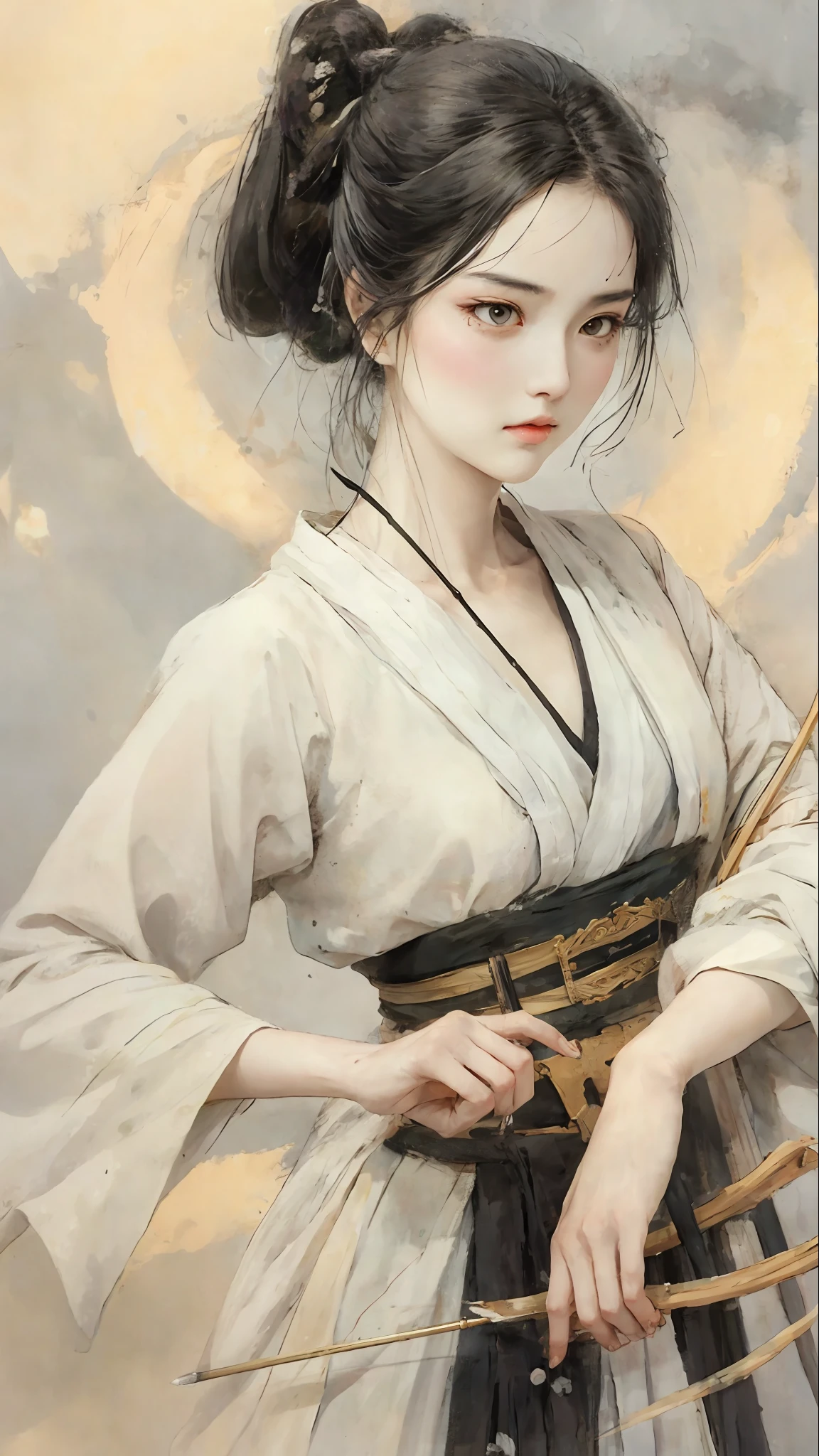 A bust of a woman with black hair and black eyes, a woman, holding a bow and arrow, serious expression, attack action, bowed head, Hanfu, white clothes, cold eyes, loose hair, (ink smudge) beautiful character painting, clothing black and white ink style, face delicate color, watercolor, pastel color, martial arts style, national style, delicate and beautiful face, waist seal, sharp eyes