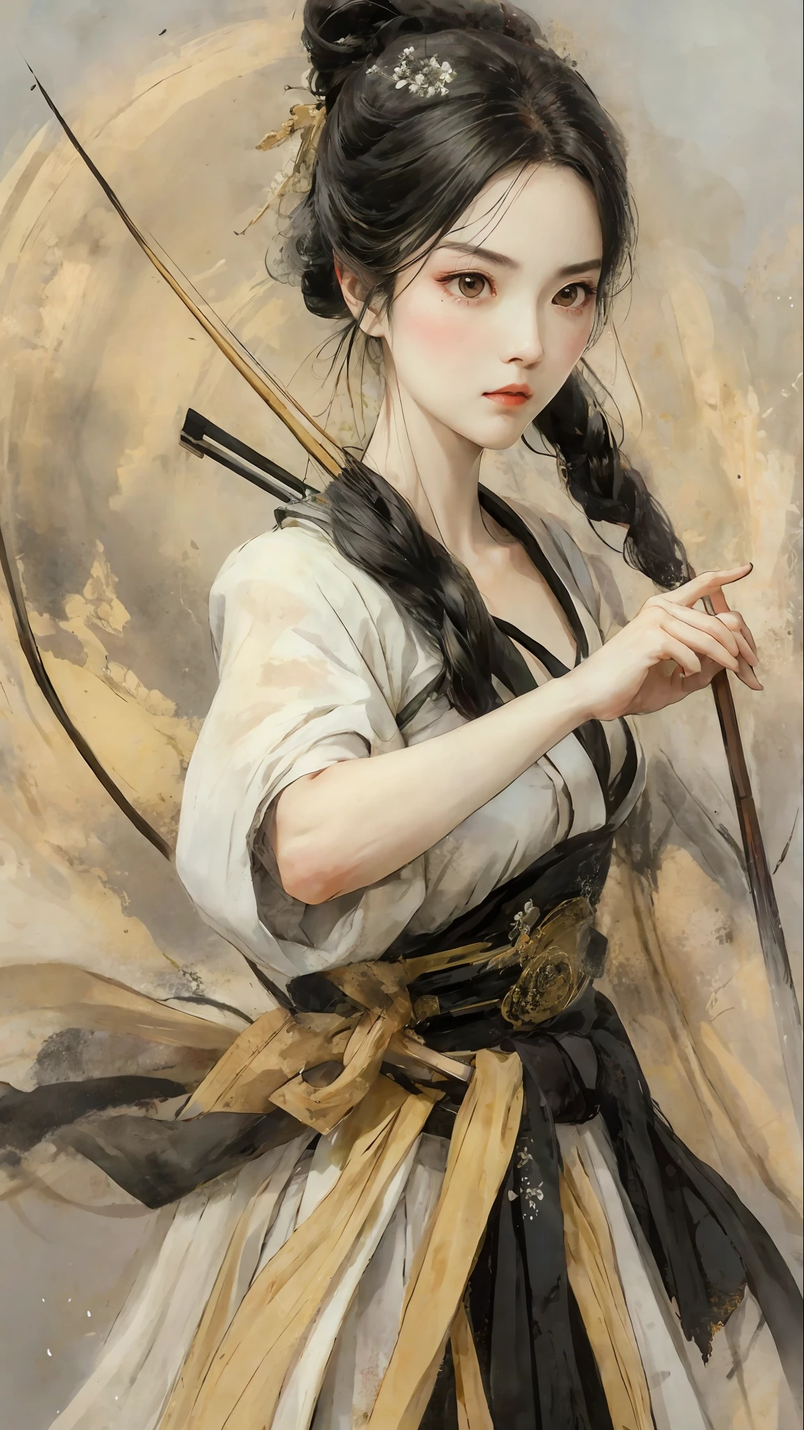 A bust of a woman with black hair and black eyes, a woman, holding a bow and arrow, serious expression, attack action, bowed head, Hanfu, white clothes, cold eyes, loose hair, (ink smudge) beautiful character painting, clothing black and white ink style, face delicate color, watercolor, pastel color, martial arts style, national style, delicate and beautiful face, waist seal, sharp eyes