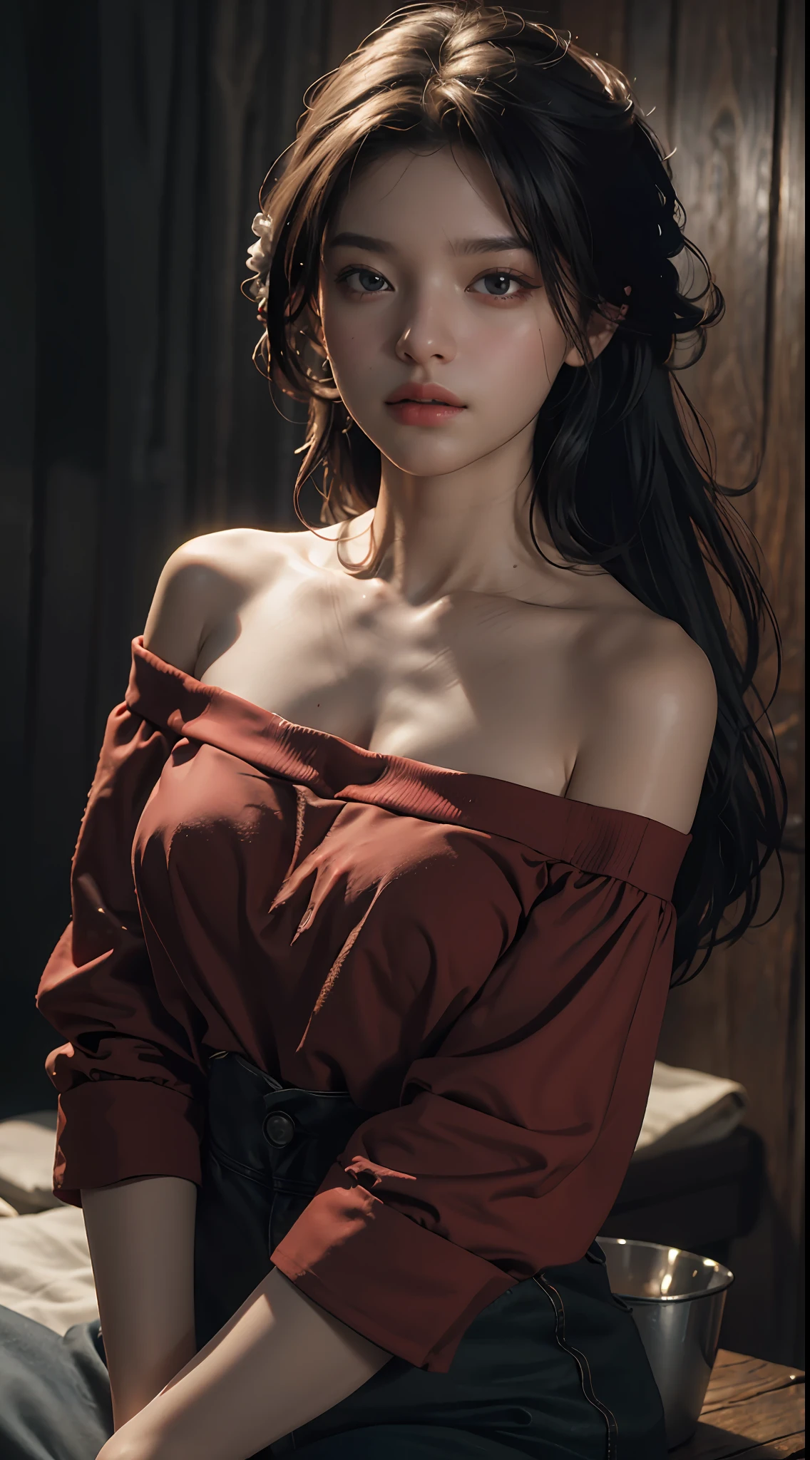 Best quality, masterpiece, ultra high res, (photorealistic:1.4), raw photo, 1girl, off shoulder, cinematic lighting