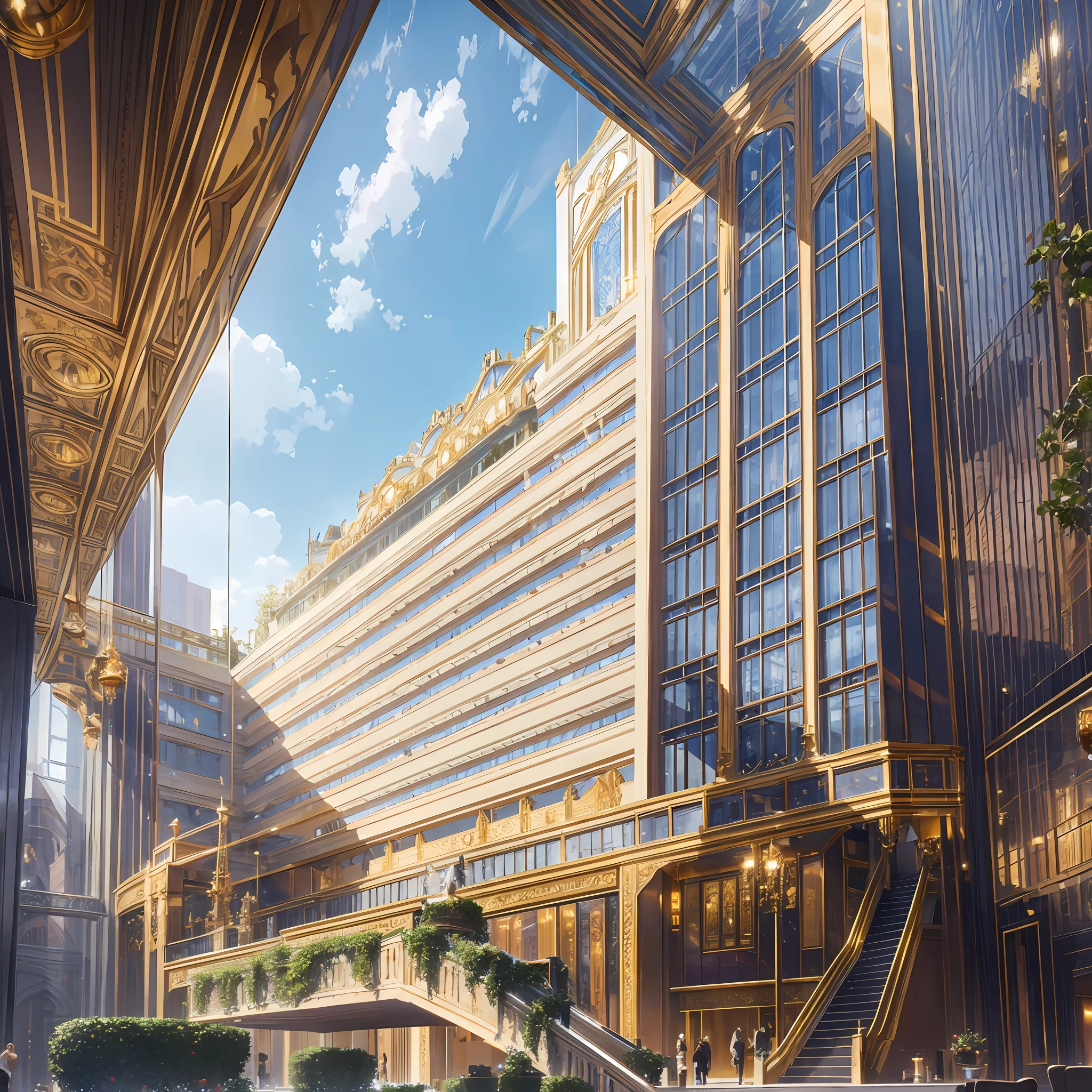 Luxurious hotel, glass curtain wall, floating feeling, jewel-like lighting, luxurious lobby, tall leather escalators, red carpet, exquisite and ornate decoration, champagne gold palette, metal gilding of details, bright courtyard garden, spectacular city view, clear blue sky.