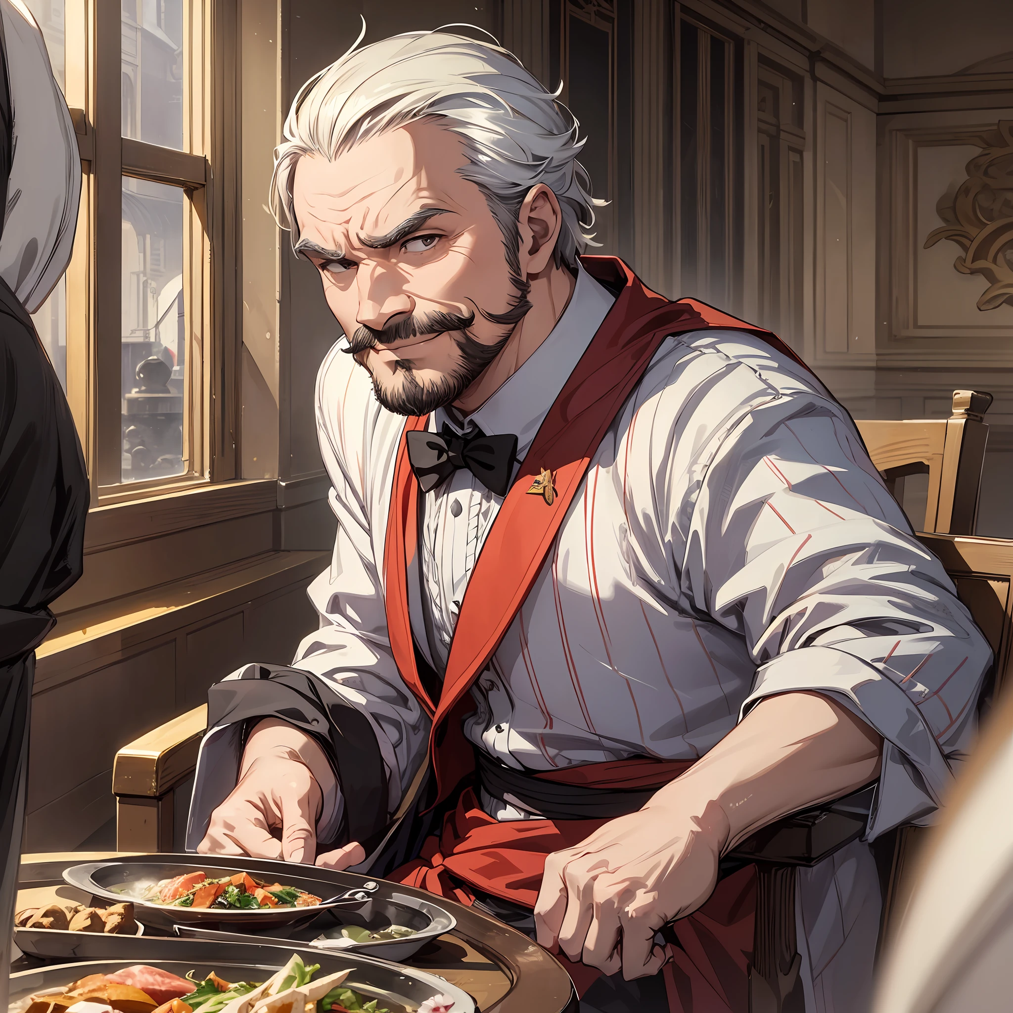 1 middle-aged man, disdainful, frown, evil smile, in the banquet hall