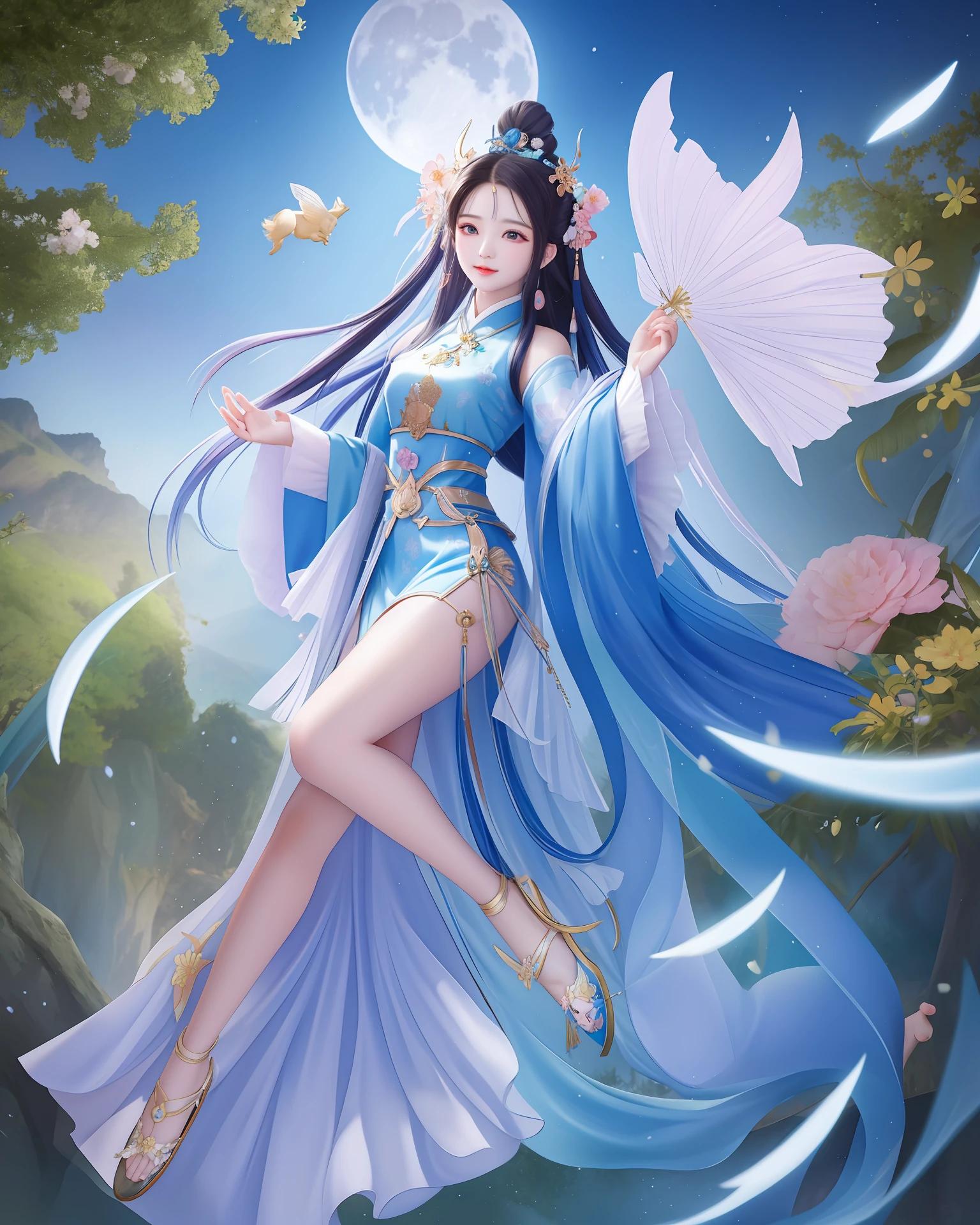 A Chinese fairy beauty looks up at the sky under the moon, and the sky is full of immortals