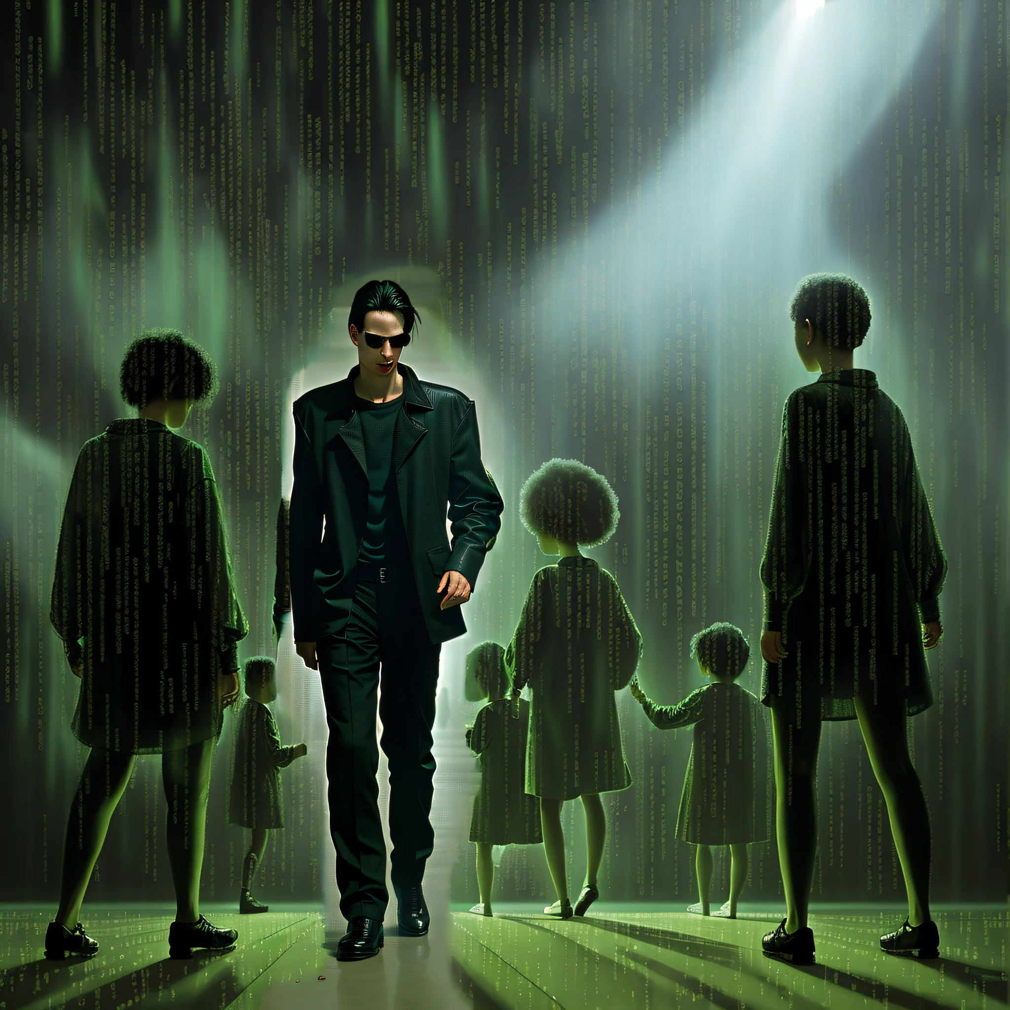 a party in the background, mothers playing with their children afar, chindren playing afar, ((happy crowd)) on the background, matrix filter, perspective, (((paralax))), (((realistic proportions)))