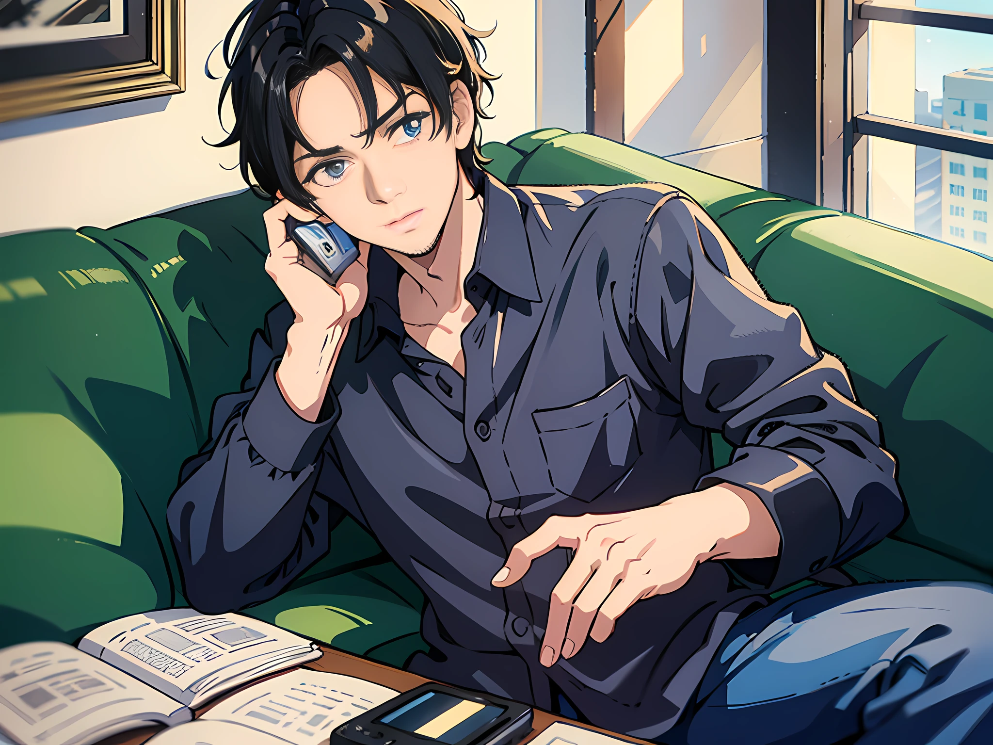 1 man, handsome, black hair, blue pupils, on the phone, sitting on the sofa, speechless expression
