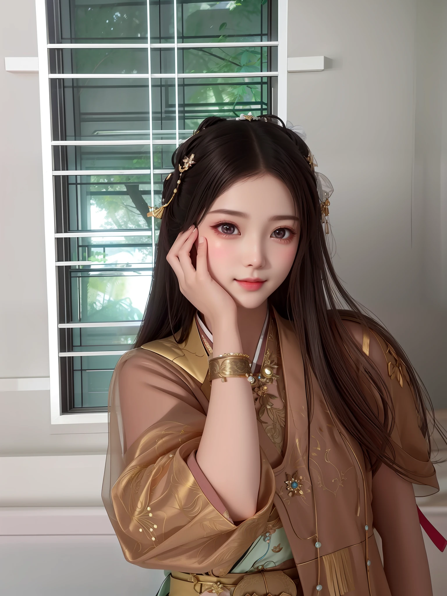 best quality, masterpiece, highres, 1girl,blush,(seductive smile:0.8),star-shaped pupils,china hanfu,hair ornament,necklace, jewelry,Beautiful face,upon_body, tyndall effect,photorealistic, dark studio, rim lighting, two tone lighting,(high detailed skin:1.2), 8k uhd, dslr, soft lighting, high quality, volumetric lighting, candid, Photograph, high resolution, 4k, 8k, Bokeh
