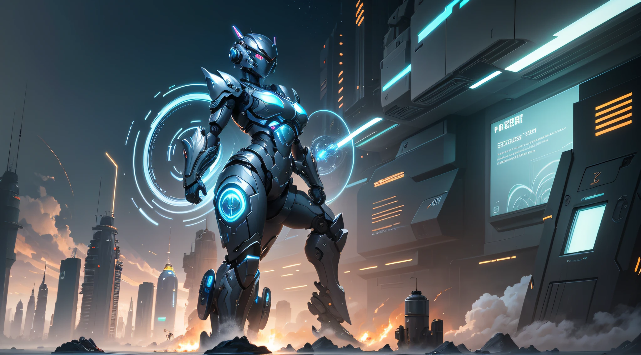 Robot, Serious look, Glowing 4K, jiezuo, highresolution, absurd, lifelike, A female robot wearing a suit of armor, Big bulky futuristic armor, (Run.), Mobile), Rocket propulsion, ((from side)), watercolors, Jim Lee, Negative space, UHD, high details, high quality, super detail, textured skin, best quality, highres --auto --s2