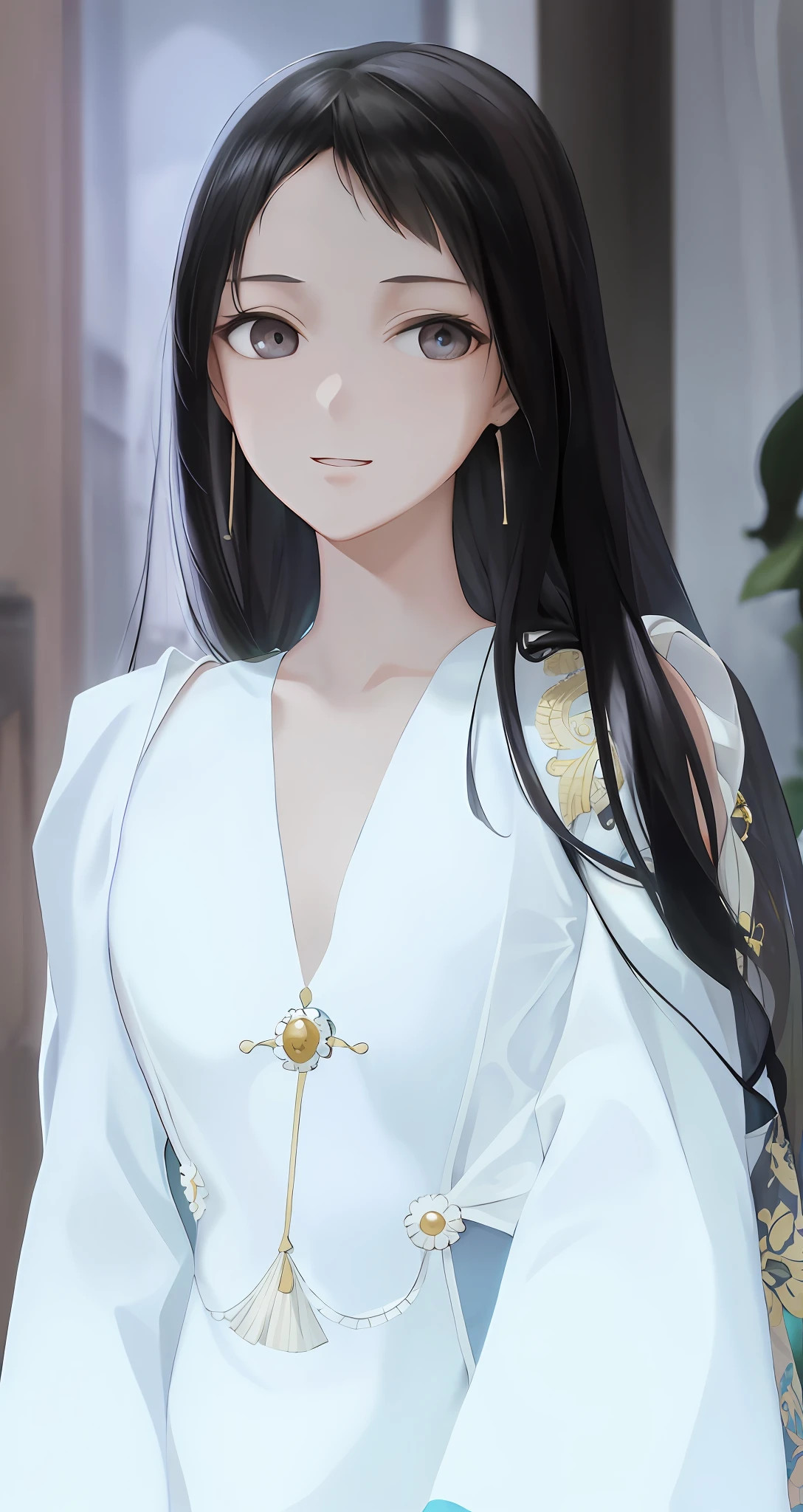 Look at the viewer, make a happy expression, soft smile, purity, beauty Delicate face and eyes, delicate clothing pattern details, black hair, black eyes, aqua, close-up of a woman with long hair in a deep V-neck dress, gorgeous Chinese model, a beautiful woman, beautiful Korean woman, V-neck long skirt, long sleeve long skirt, one dress, shawl long hair, flat chest, pearl earrings.