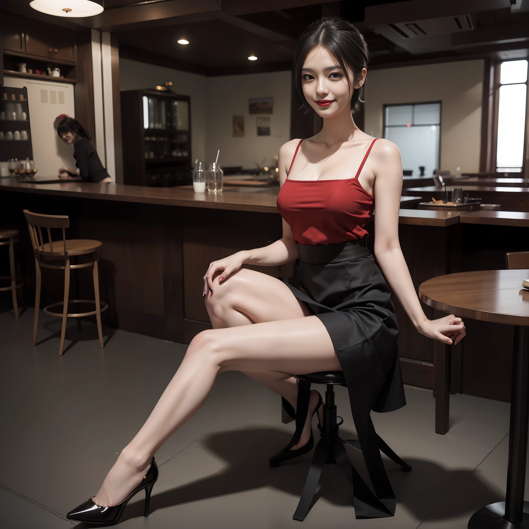 8K UHD, DSLR, Complete Anatomy, (Best Quality: 1.3), (Masterpiece: 1.1), High Resolution, Cinematic Light, Intricate Detail, (Photorealistic), Outside, Beautiful Outside, Sunny, Best Realistic, Japan Man, One Girl, 38 years old, Clavicle (B cup), (Cafe: 1.5), Dimples, Short Straight Hair, Bright Red Lips, viewer show, ribbon, bare shoulders, tight shirt, pencil skirt, high waist skirt, sit on legs slightly bending the knees, indoors, piercings, 10 denier shiny black pantyhose, red high heels, (smile), (full body: 1.6), slender, petite figure