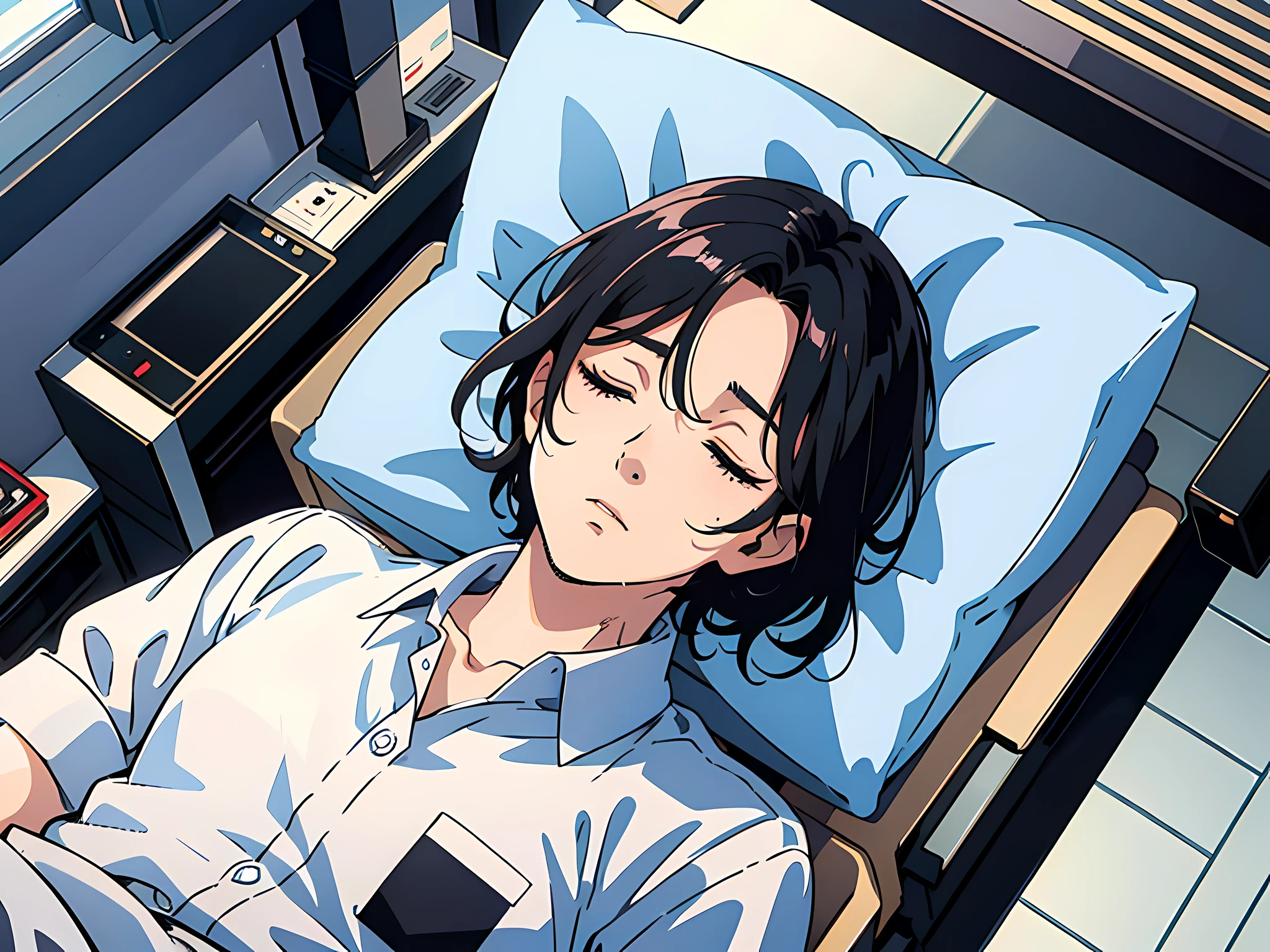 1 man, handsome, black hair, blue pupils, patient suit, lying on a hospital bed, eyes closed, painful expression, white shirt, anime character image