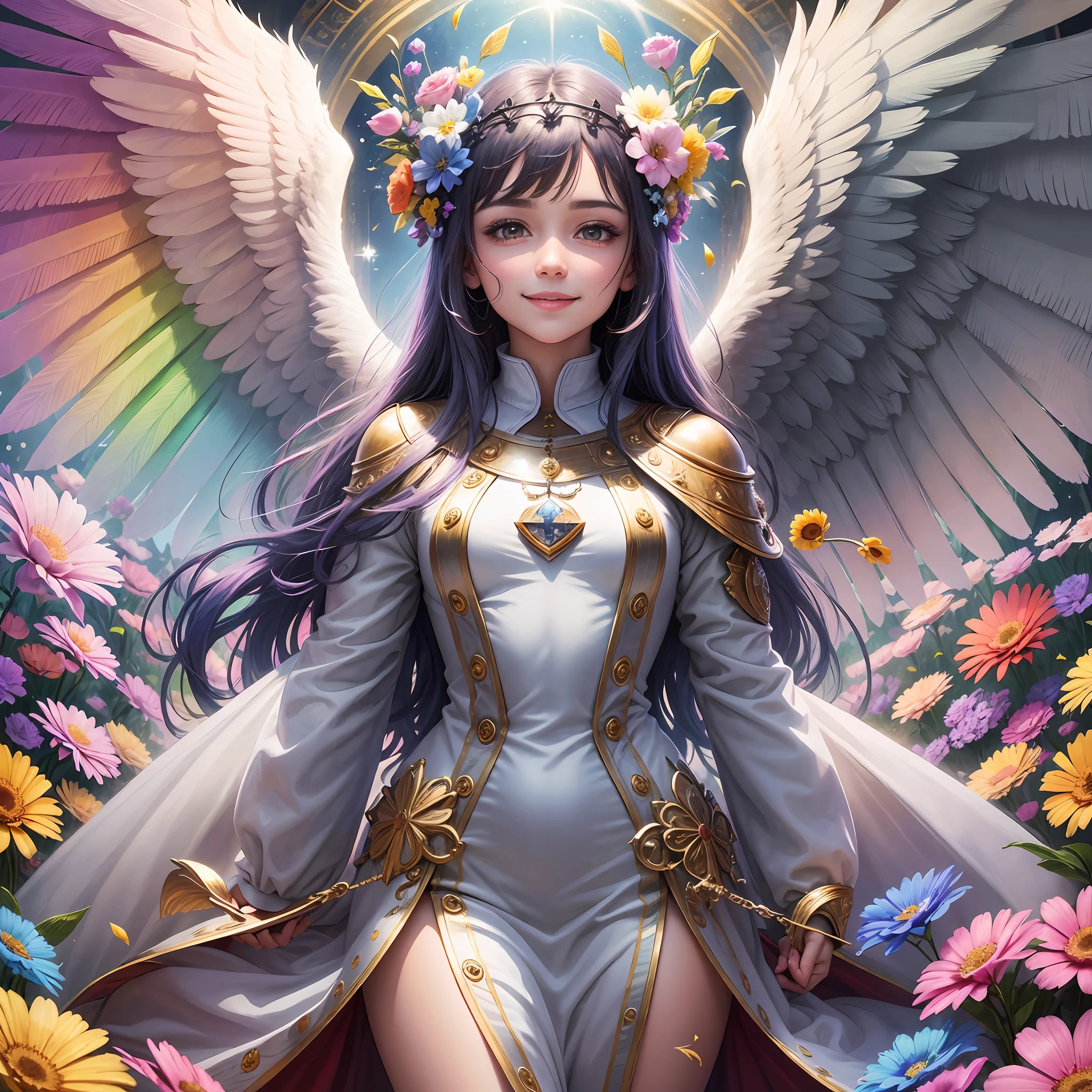 Always with angels, security, security, happiness, radiance, light, fantastic, flowers, rainbow, glitter, smile, feathers, heaven, heaven, medieval --auto --s2