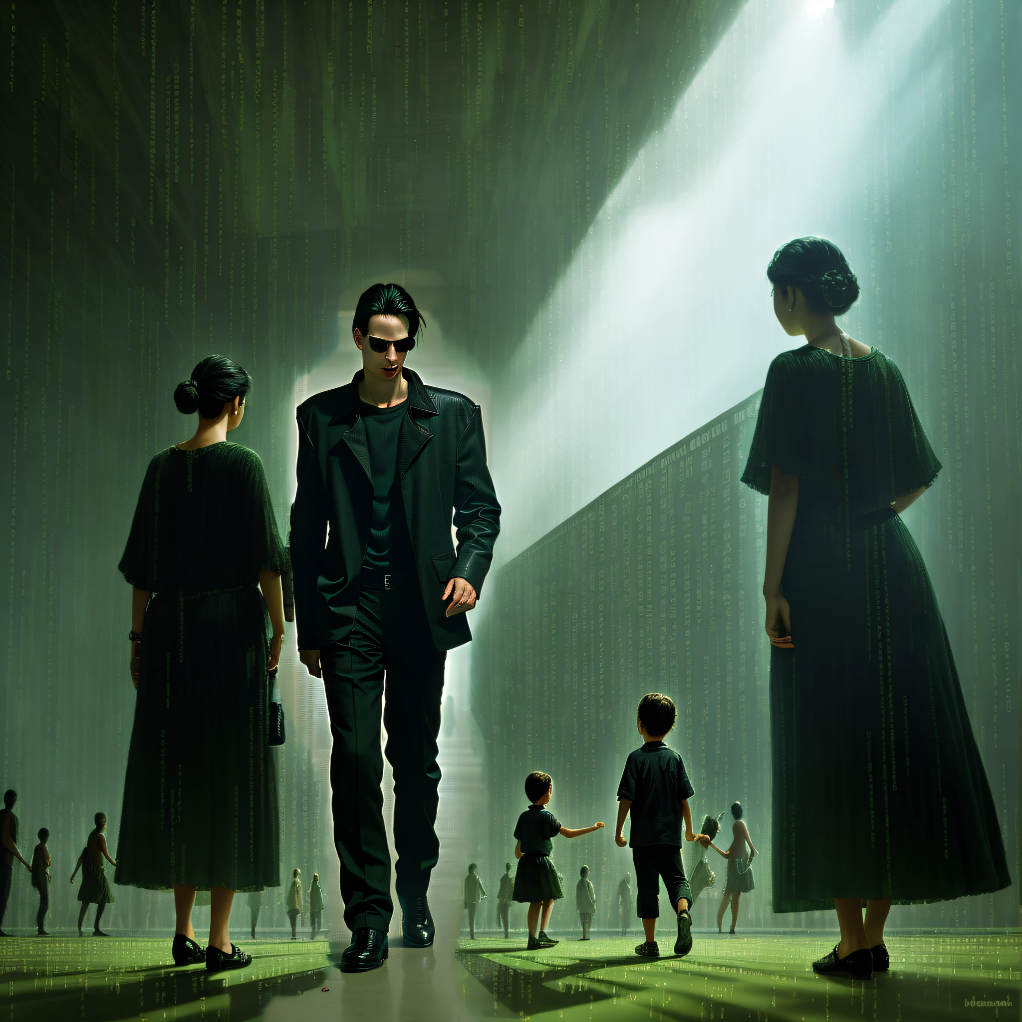 a party in the background, mothers playing with their children afar, chindren playing afar, ((happy crowd)) on the background, matrix filter, perspective, (((paralax))), (((realistic proportions)))