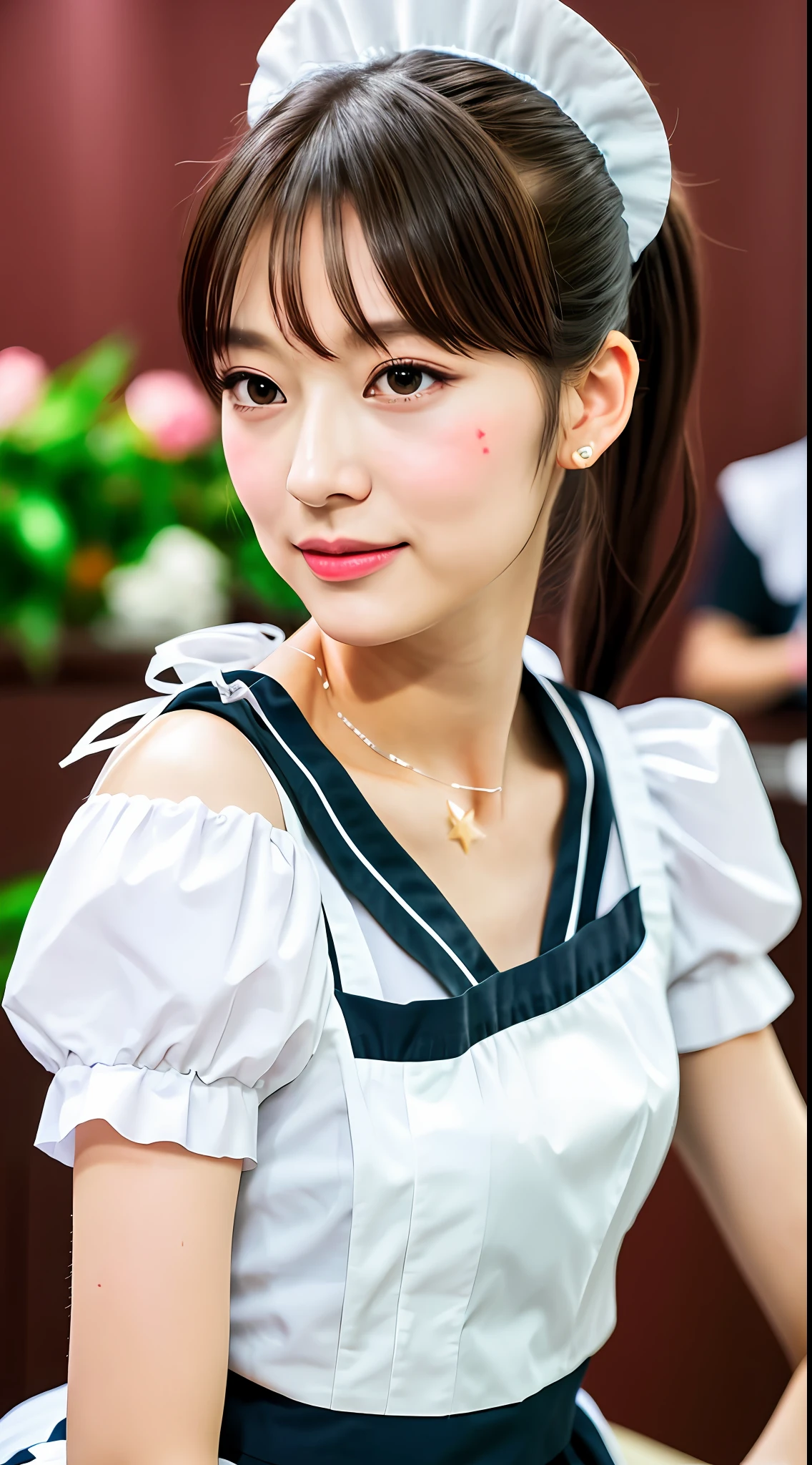 Realistic photos of (1 cute star) shoulder length hair, ponytail, light makeup, (small), maid café (maid café), maid costume, white blouse, short sleeves, customer service, employee, indoor, clear facial features, 8K high resolution, sharp and realistic details, full body, f/4.0, 135mm, fujifilm, jpeg artifact, dithering, UHD, masterpiece, wind, cherry, blur,
