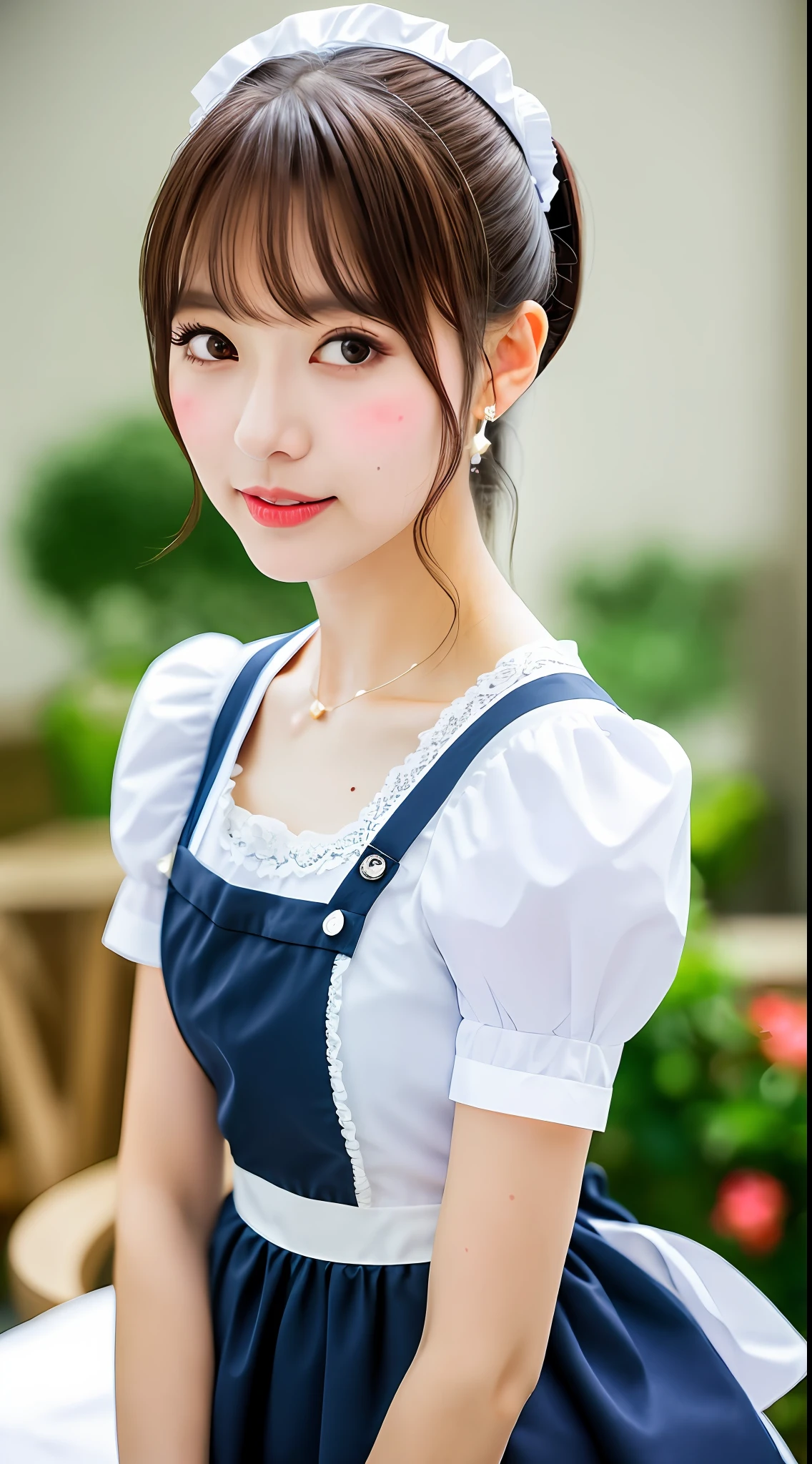 Realistic photos of (1 cute star) shoulder length hair, ponytail, light makeup, (small), maid café (maid café), maid costume, white blouse, short sleeves, customer service, employee, indoor, clear facial features, 8K high resolution, sharp and realistic details, full body, f/4.0, 135mm, fujifilm, jpeg artifact, dithering, UHD, masterpiece, wind, cherry, blur,