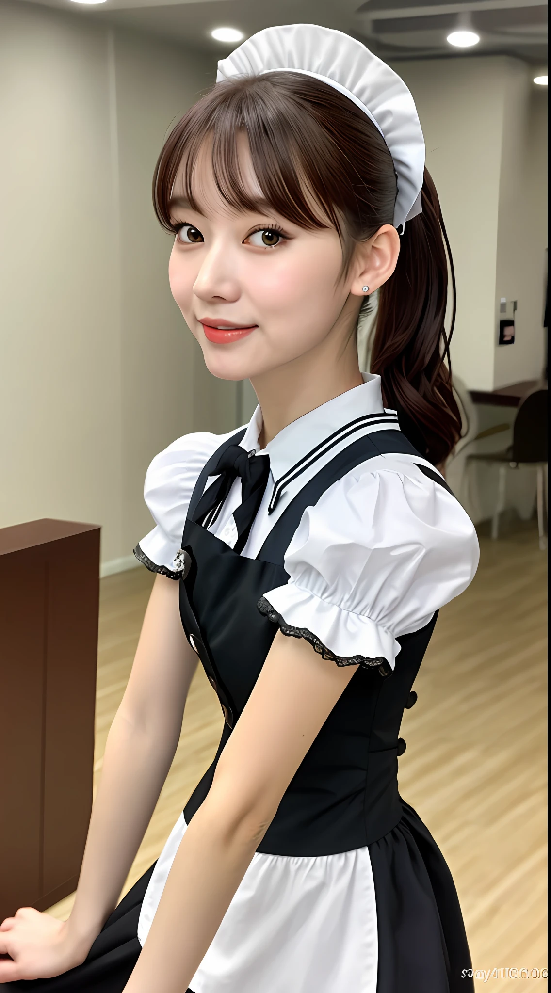 Realistic photos of (1 cute star) shoulder length hair, ponytail, light makeup, (small), maid café (maid café), maid costume, white blouse, short sleeves, customer service, employee, indoor, clear facial features, 8K high resolution, sharp and realistic details, full body, f/4.0, 135mm, fujifilm, jpeg artifact, dithering, UHD, masterpiece, wind, cherry, blur,