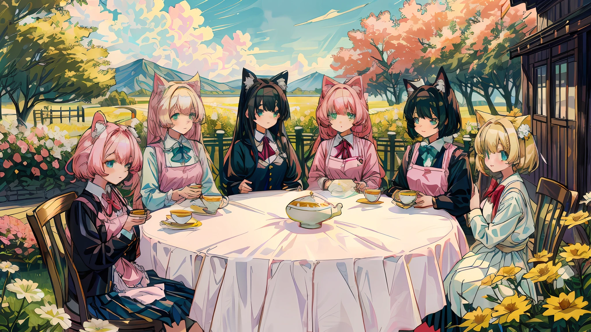 Anime characters sitting at a table with food and drinks, afternoon party, tea party, anime style 4 k, anime art wallpaper 8 k, detailed fanart, high-quality fanart, 4k anime wallpaper, official fanart, anime girl with cat ears, official art, (several girls 1.5), (girl 1.4) bow, tea cup, animal ears, blonde hair, outdoors, (girl 1.4) long hair, sitting, black hair, table, cup, bow tie, flower, blue eyes, jacket, chair, (girl 1.4) short hair, shirt, smile, teapot, blue bow, black jacket, cat ears, animal ear fluff, (girl 1.4) long sleeves, white dress, pink hair, bangs, pink flower, (girl 1.4) white hair, white shirt, day, sky, cloud, (girl 1.4) pink bow, yellow flower, six girls, wood, skirt, green bow, 6 girls, red bow, saucer, collared shirt, blush, white apron, tiered tray, tea, black skirt, red flower, looking at the viewer, hair between the eyes, pleated skirt