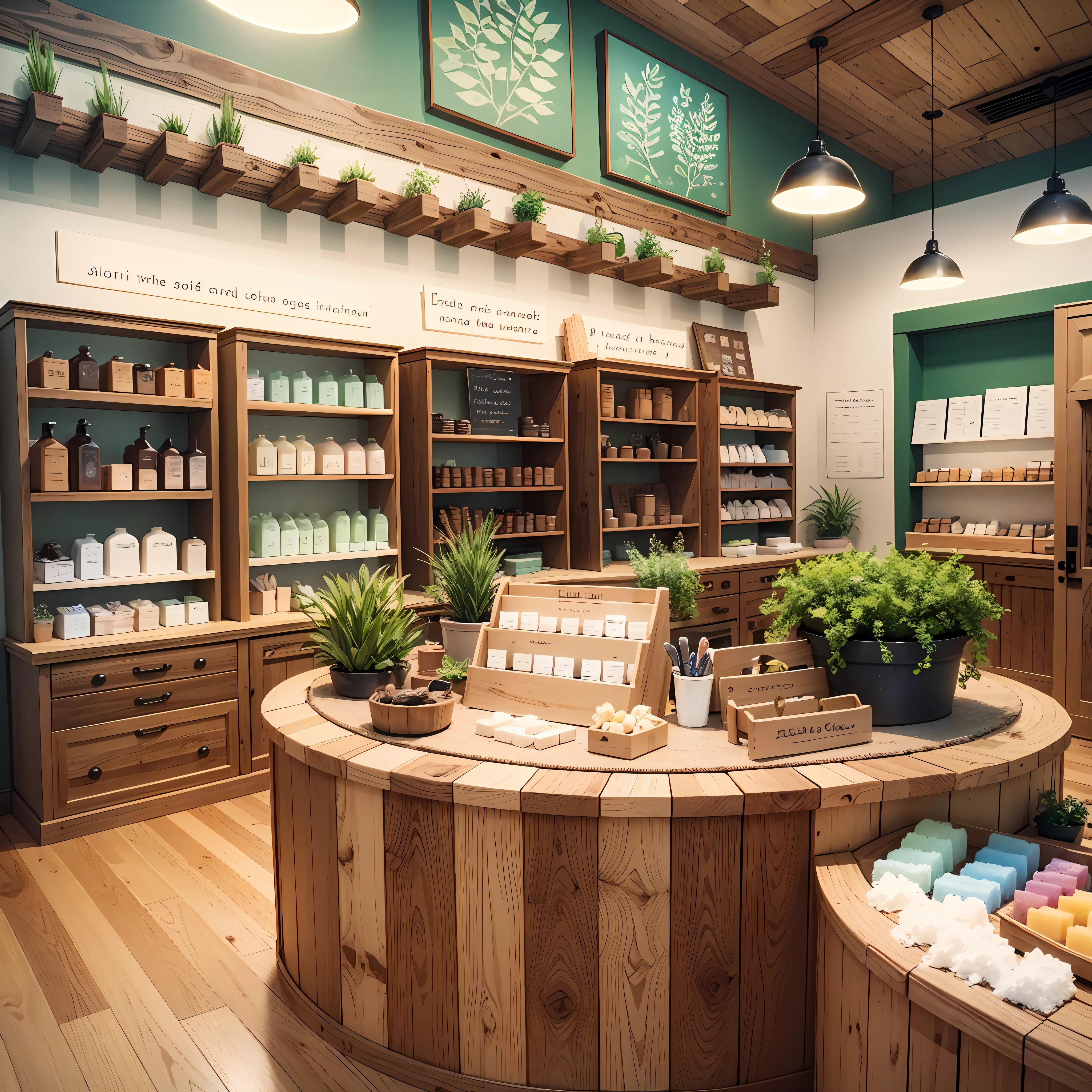 Certainly! Here's a description of a modern and spacious handmade soap shop:

The handmade soap shop is designed with a modern aesthetic, incorporating the calming colors of nature. The interior features wooden floors, which add warmth and a natural touch to the space. The lighting is provided by high-resolution LED lights, strategically placed to create a bright and inviting atmosphere.

Upon entering the shop, customers are greeted by a stylish reception area. The reception desk is made of natural wood, complementing the overall design theme. The walls are adorned with beautiful nature-inspired artwork, showcasing the essence of handmade soaps.

Towards the back of the shop, there is a designated workshop area. This area is well-equipped with a large worktable, where skilled artisans create their handmade soaps. Shelves are filled with various raw materials, such as essential oils, herbs, and botanical extracts, providing a glimpse into the soap-making process.

Adjacent to the workshop, there is a showcase area. It displays an array of beautifully crafted soaps, enticing customers with their vibrant colors, intricate patterns, and appealing scents. The showcase is thoughtfully arranged to showcase the different varieties and fragrance options available.

Throughout the shop, there are carefully placed plants and greenery, bringing a touch of nature indoors. The scent of essential oils lingers in the air, creating a refreshing and relaxing environment for customers to explore and enjoy.

This description provides a visual representation of a modern and spacious handmade soap shop. With these details in mind, you can work with a designer or use visualization tools to bring this concept to life. --auto --s2