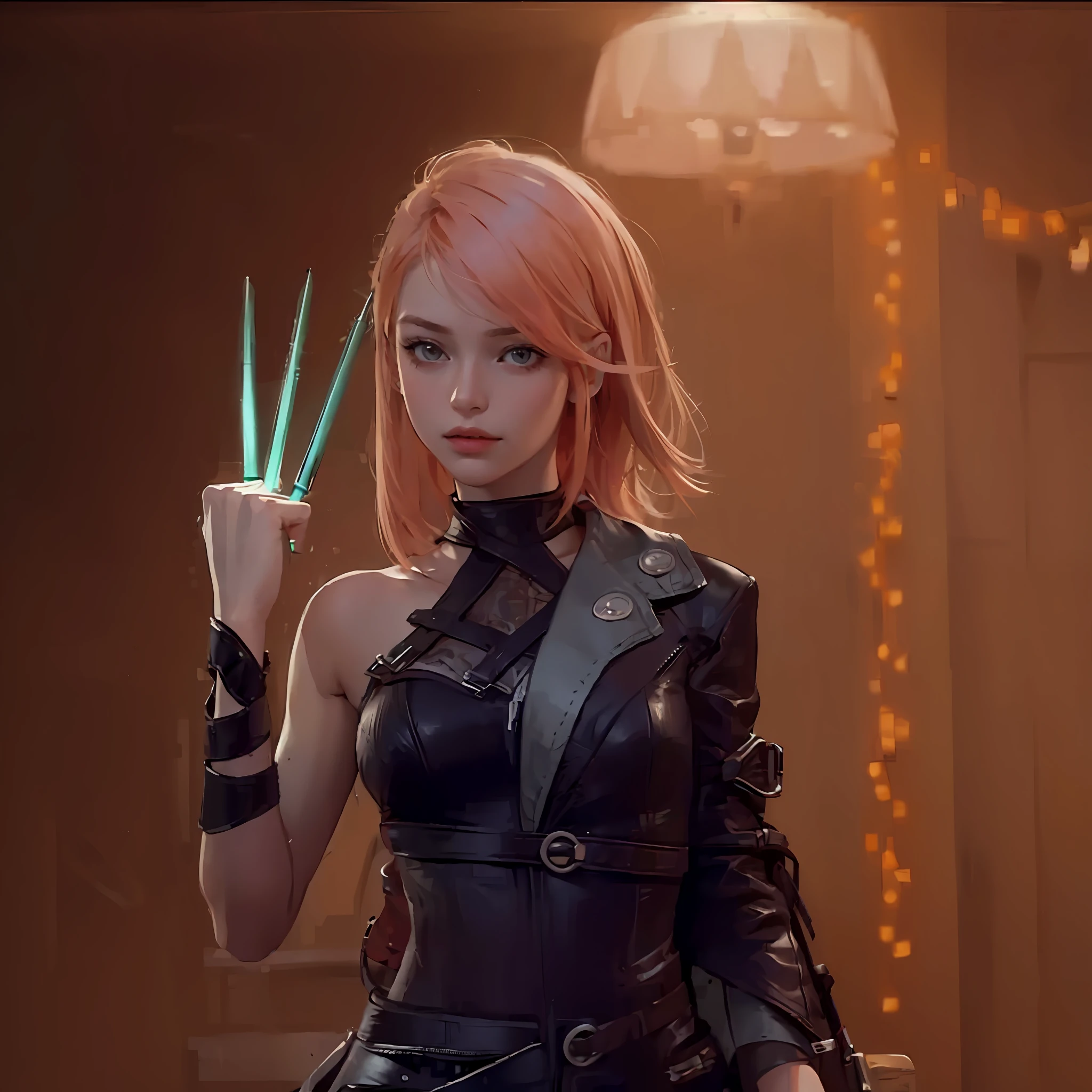 ((masterpiece,best quality,highest quality,illustration)),1 girl,peach hair, needles hand, leather suit