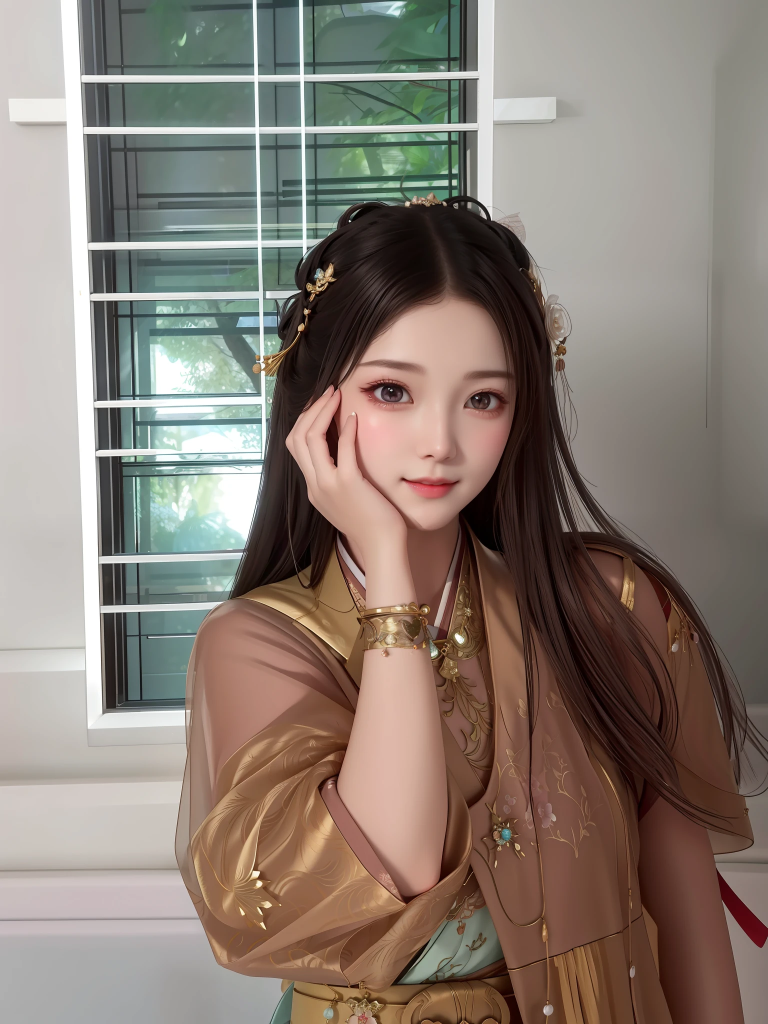 best quality, masterpiece, highres, 1girl,blush,(seductive smile:0.8),star-shaped pupils,china hanfu,hair ornament,necklace, jewelry,Beautiful face,upon_body, tyndall effect,photorealistic, dark studio, rim lighting, two tone lighting,(high detailed skin:1.2), 8k uhd, dslr, soft lighting, high quality, volumetric lighting, candid, Photograph, high resolution, 4k, 8k, Bokeh