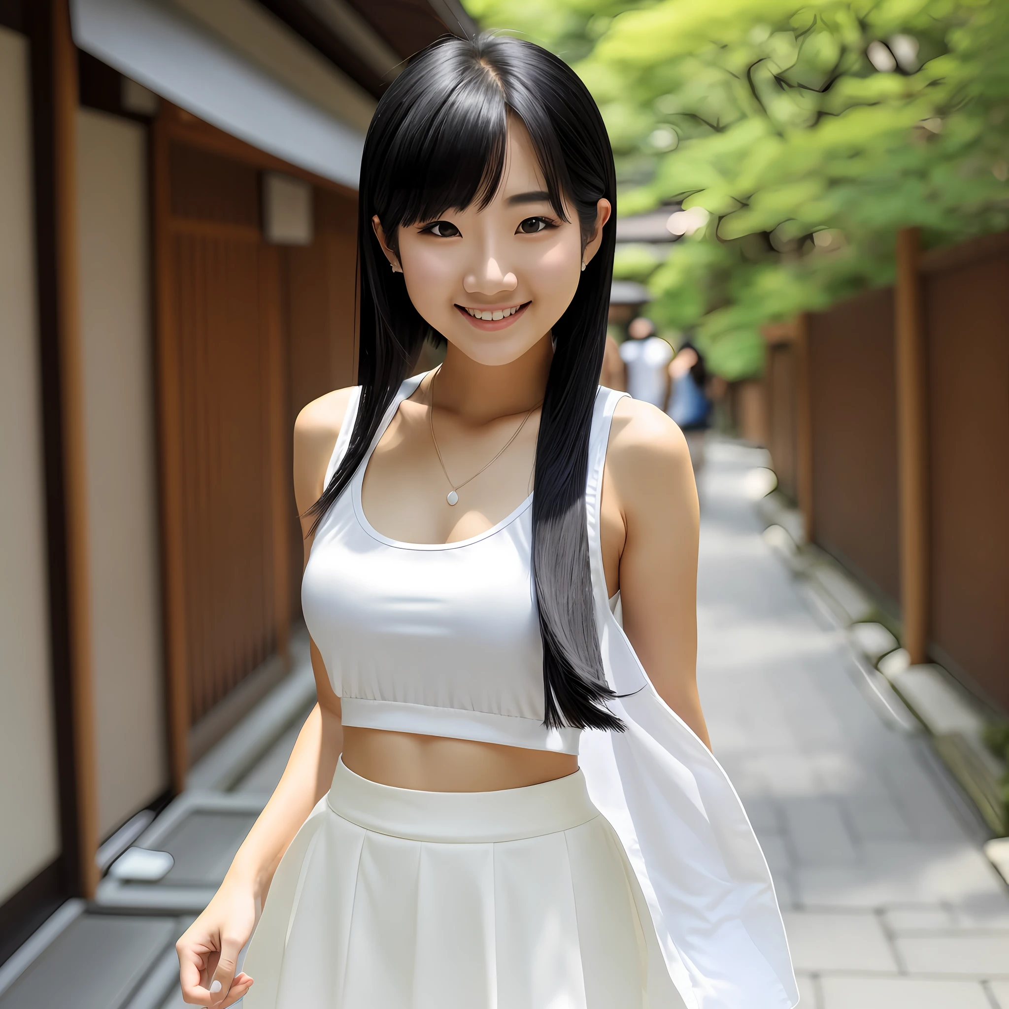 Japan beautiful, black hair short, all white tank top, skirt white, chest, 20s, smiling woman, --s5 --auto --s2