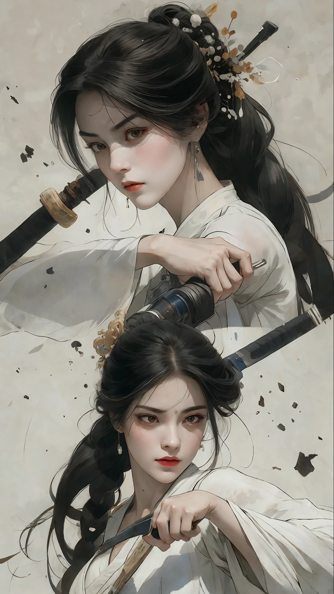 A bust of a woman with black hair and black eyes, a woman, a serious expression, holding a weapon, attack action, dynamic composition, simple background, cold, bowed head, Hanfu, white clothes, cold eyes, loose hair, (ink smudge) beautiful character painting, clothing black and white ink style, face delicate color, watercolor, light color, martial arts style, national style, delicate and beautiful face, waist seal, sharp eyes