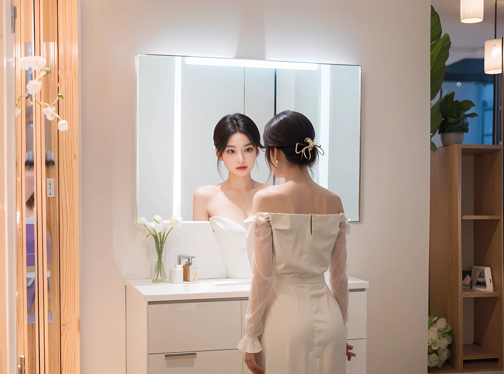 There is a woman standing in front of the mirror looking at herself, looking in the mirror, delicate facial features, standing in front of the mirror, looking in the mirror, holding the mirror, EORA, admiring her reflection, taking photos for skincare brands, looking from behind the mirror, mirror reflection, mirror, mirror, with backlight, high quality