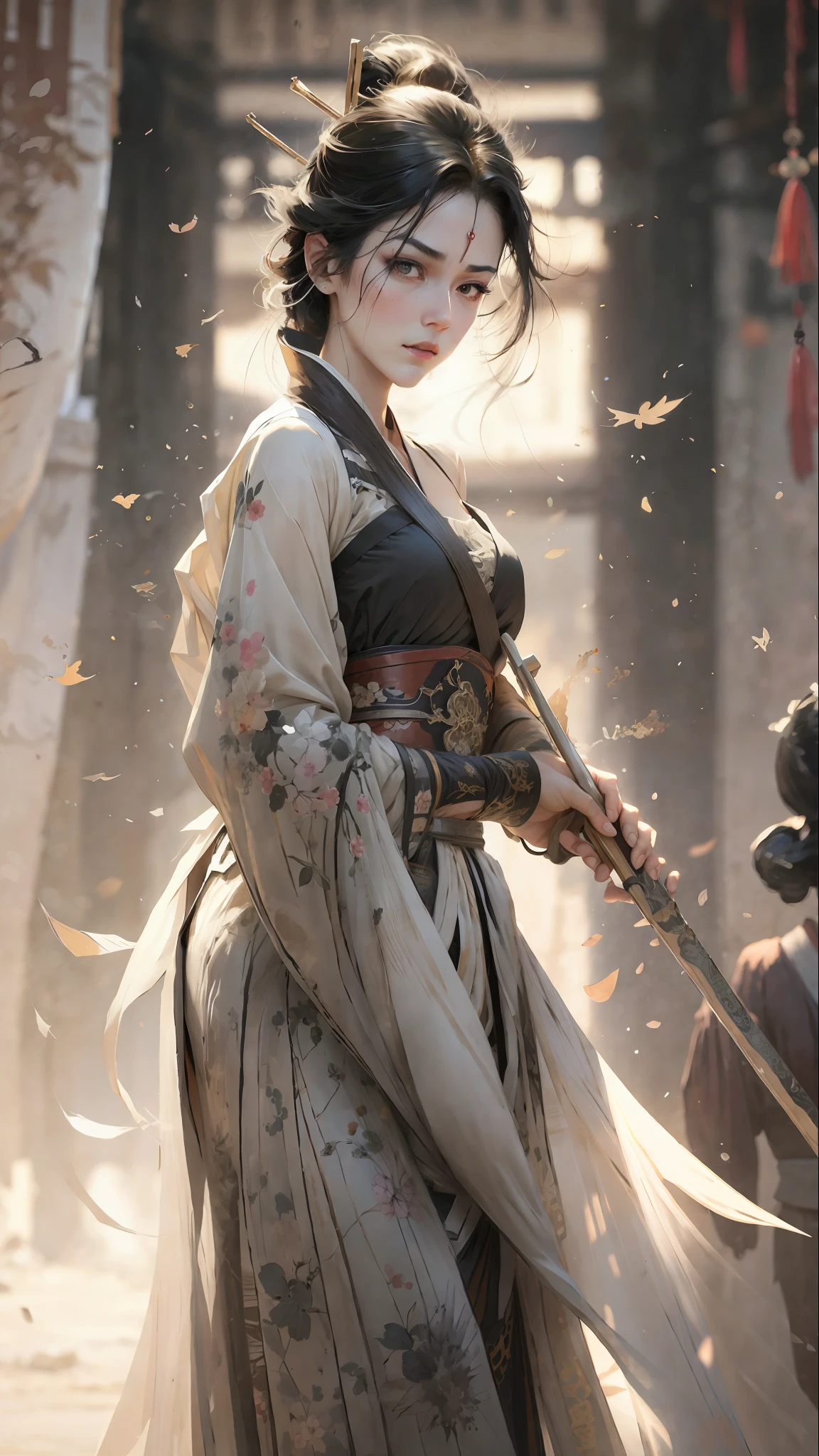 A bust of a woman with black hair and black eyes, a woman, a serious expression, holding a weapon, attack action, dynamic composition, bowed head, Hanfu, white clothes, cold eyes, loose hair, (ink smudge) beautiful character painting, clothing black and white ink style, face delicate color, watercolor, light color, martial arts style, national style, delicate and beautiful face, waist seal, sharp eyes