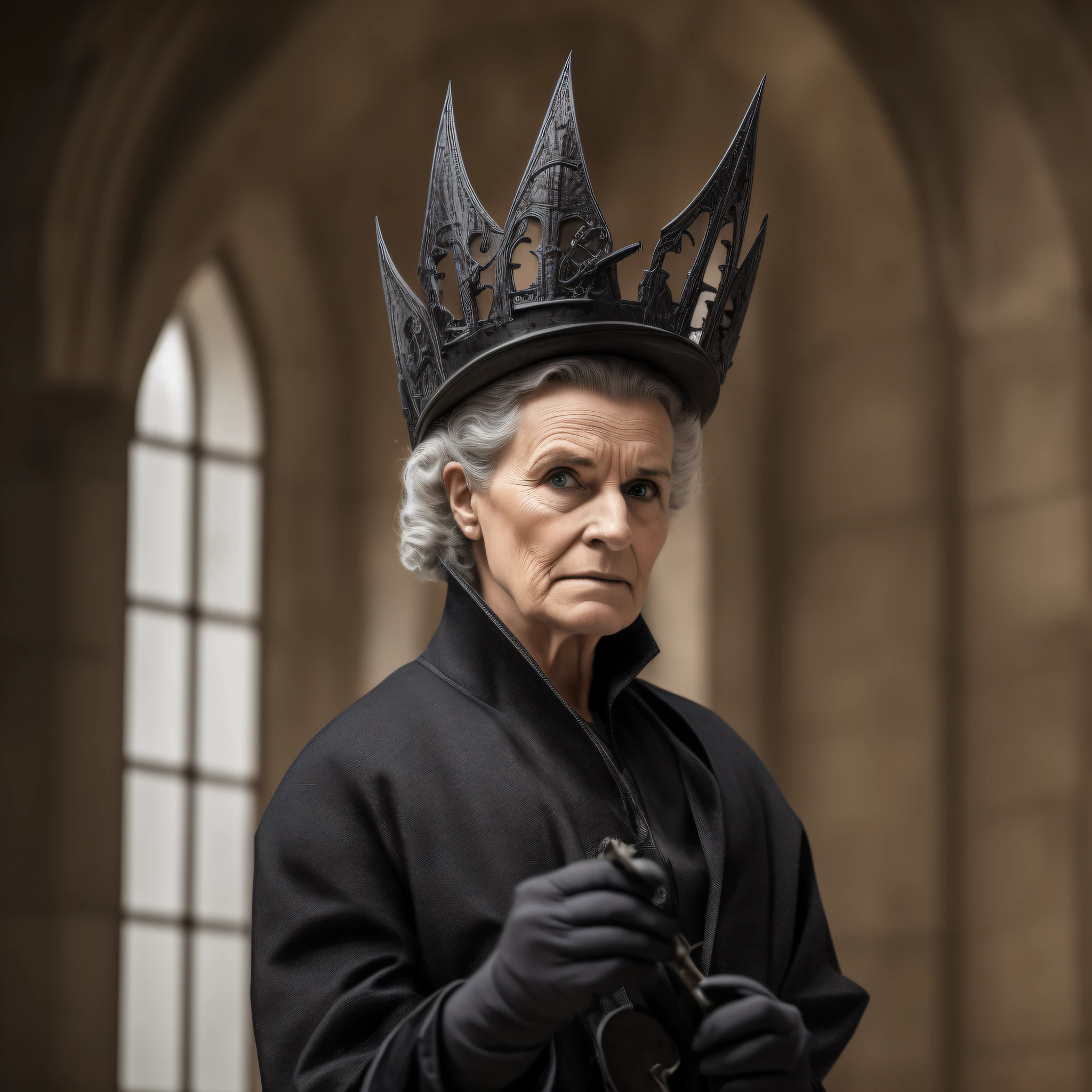a janitor in a A dark, foreboding castle where a wicked queen reigns, Refined, Thorough, Exhaustive, in the style of Daniel Libeskind, 8k resolution --auto --s2