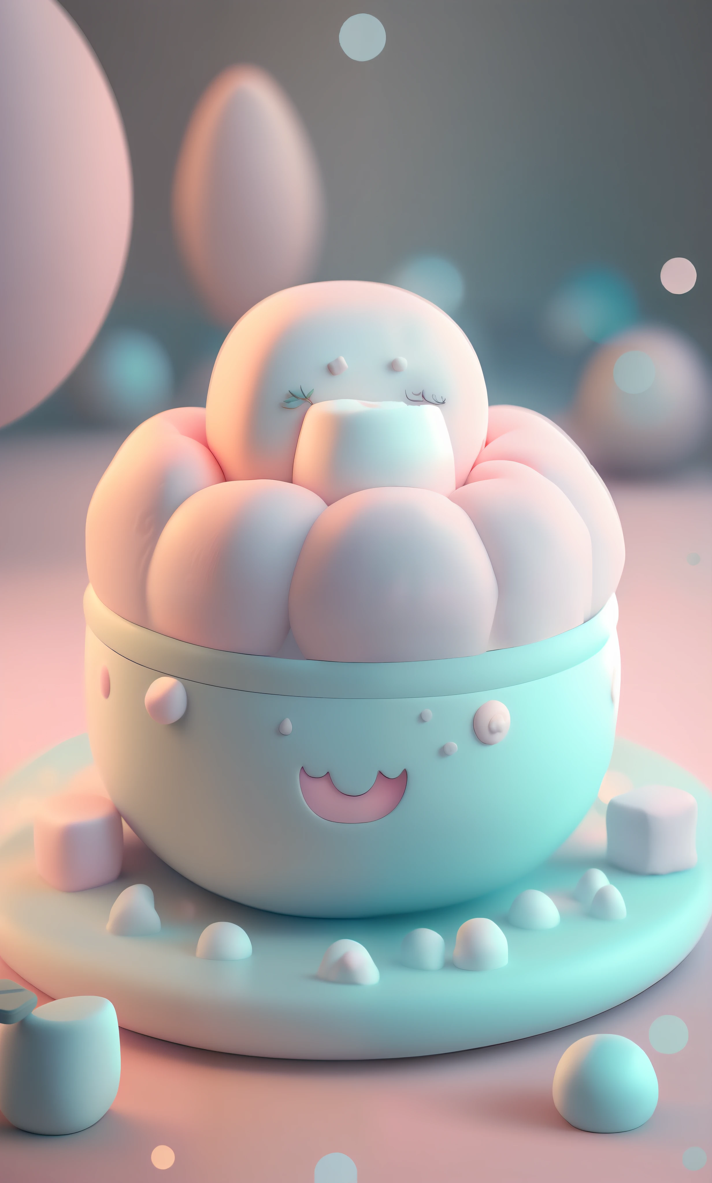 Very cute marshmallow, dreamy, sparkling, highly detailed, octane rendering, photorealistic photography, cinematic shots, dynamic composition, sharp, detailed, professional lighting, film lighting, 35mm, anamorphic, pastel, lightroom, cinematography, bokeh, lens flare, film grain