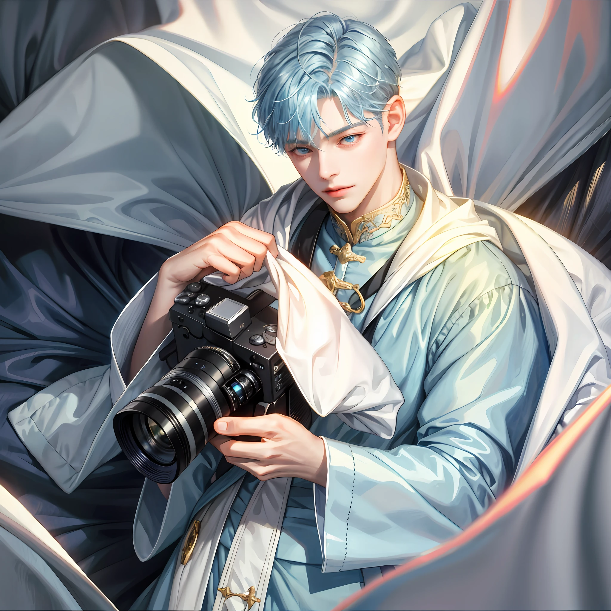 1 boy, soloist, camera, holding, white quilt, quilt, holding camera, short blue hair, golden eyes, shadow,