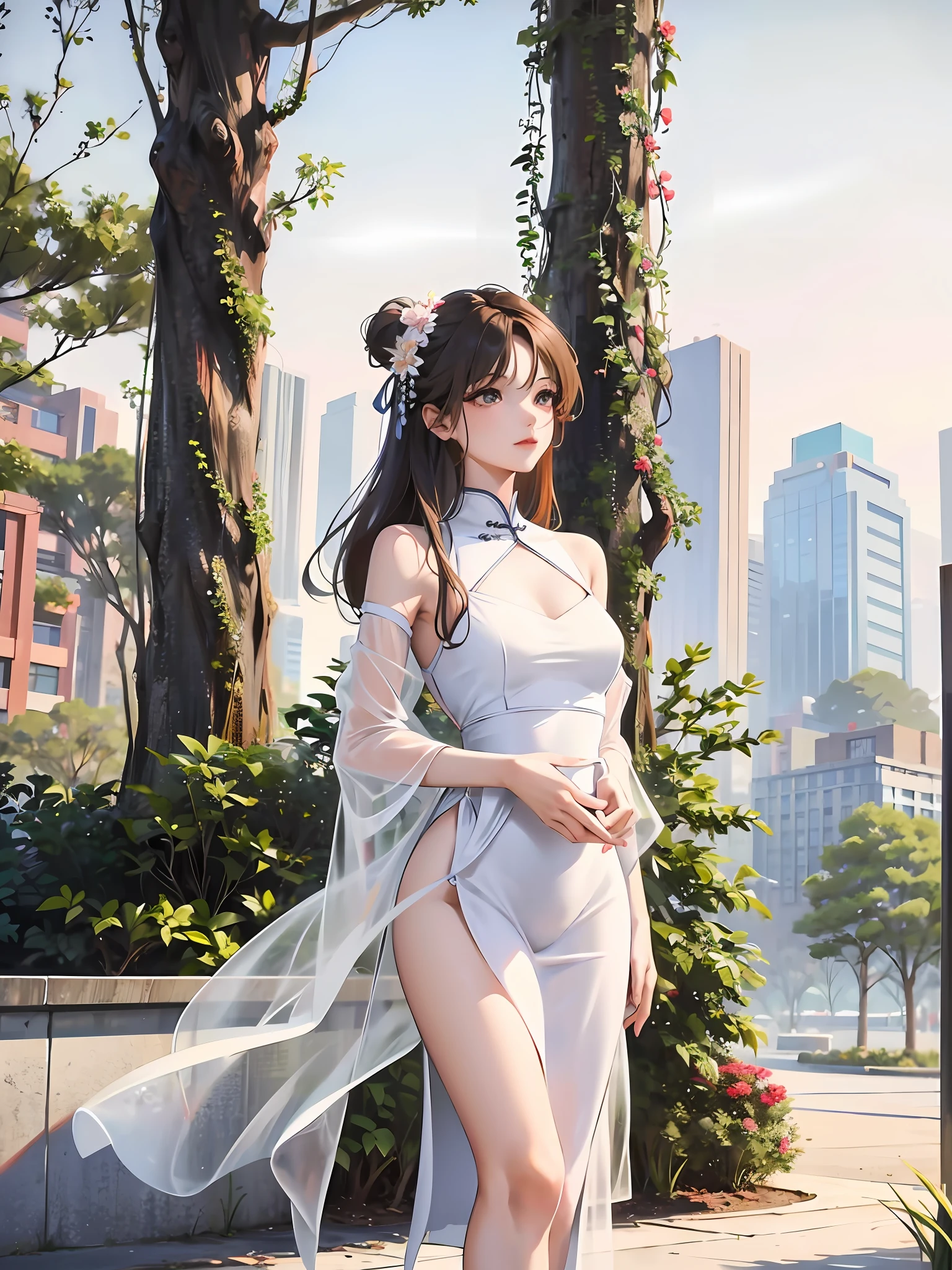 A woman in a floral dress stands next to a tall tree, gorgeous Chinese model, sexy dress with bare shoulders and exposed, wearing an elegant dress, she is about 2 5