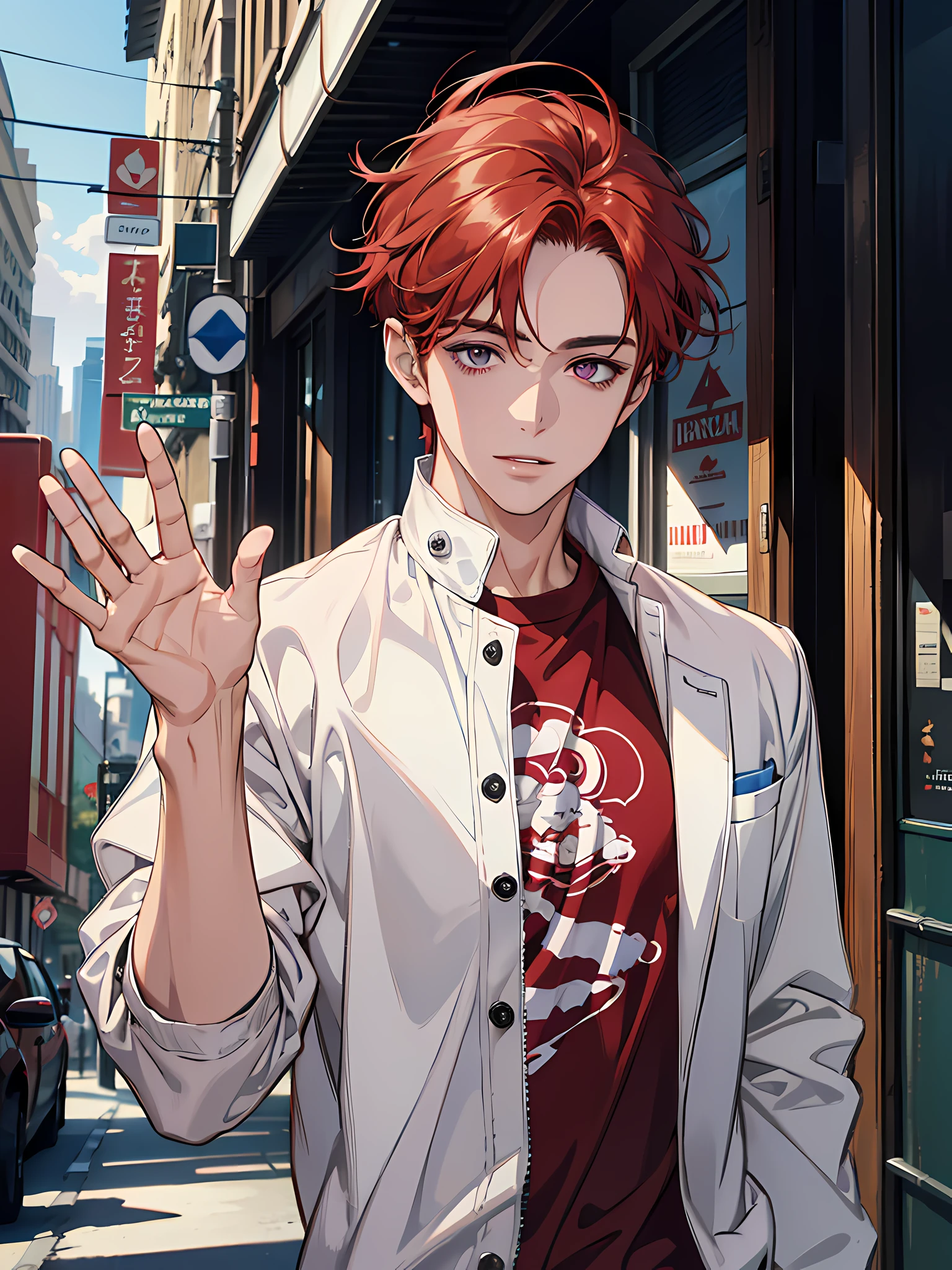 (absurdres, highres, ultra detailed), masterpiece, best quality, a boy, solo, handsome, waving hand, short hair, red hair, pink eye, light smile, finely eye and detailed face, t-shirt, white jacket, city