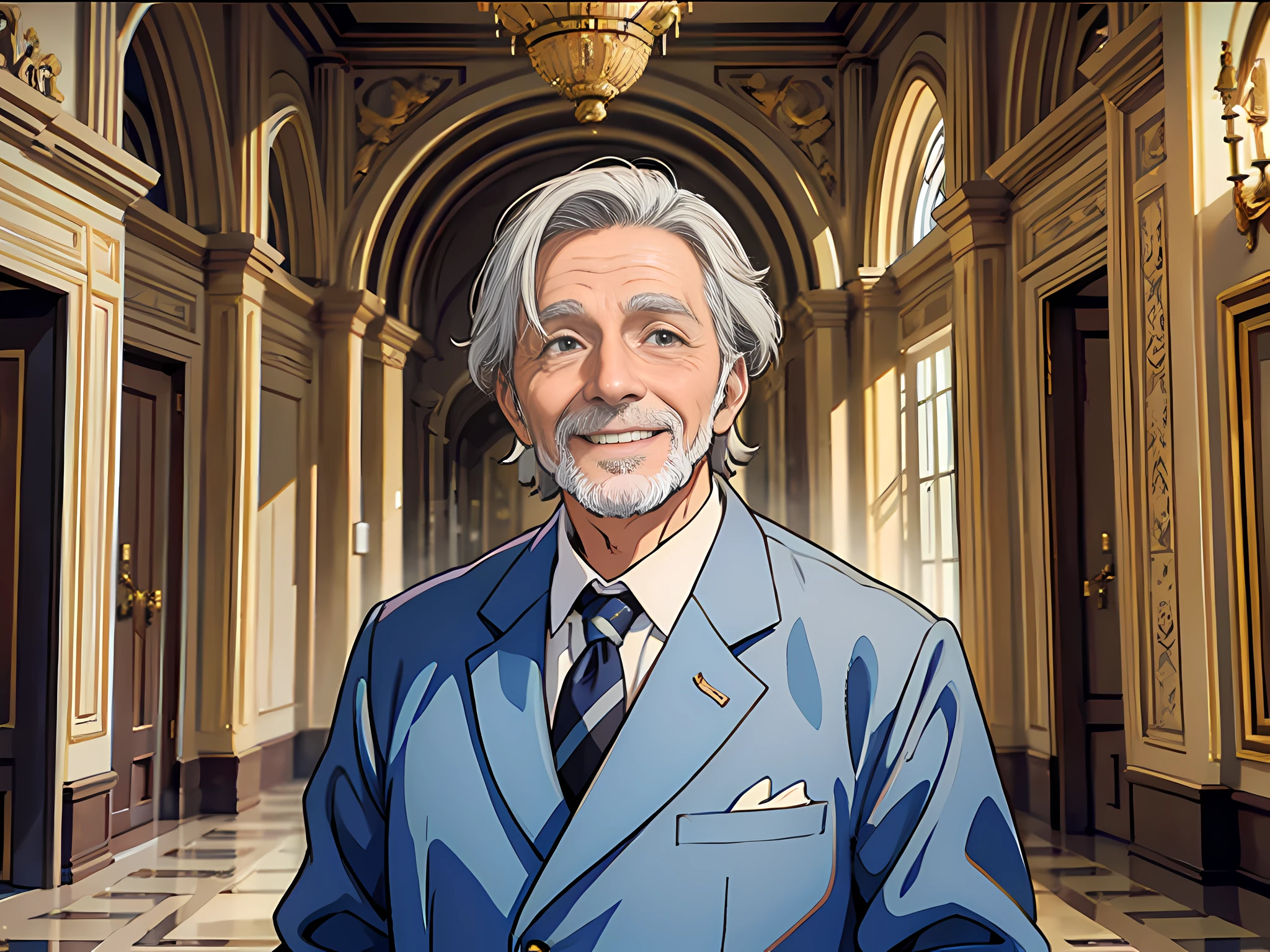 1 old man, man, gray hair, wrinkled, standing inside the palace, smiling, luxurious European-style palace in the background