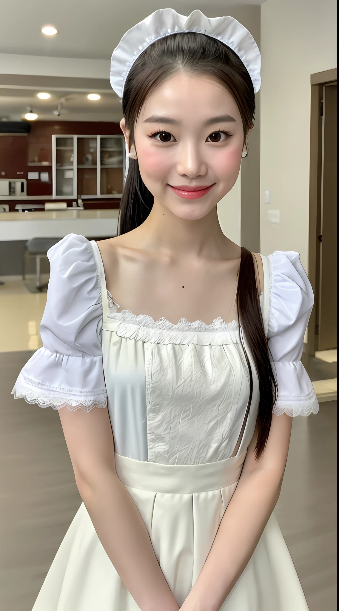 Realistic photos of (1 cute star) shoulder length hair, ponytail, light makeup, (small), maid costume, white blouse, short sleeves, customer service, indoors, clear facial features, 8K high resolution, sharp and realistic details, full body, f/4.0, 135mm, Fujifilm, jpeg artifact, dithering, UHD, masterpiece, wind, cherry, blur,