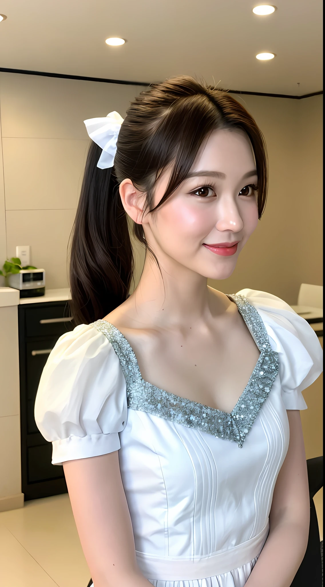 Realistic photos of (1 cute star) shoulder length hair, ponytail, light makeup, (small), maid costume, white blouse, short sleeves, customer service, indoors, clear facial features, 8K high resolution, sharp and realistic details, full body, f/4.0, 135mm, Fujifilm, jpeg artifact, dithering, UHD, masterpiece, wind, cherry, blur,