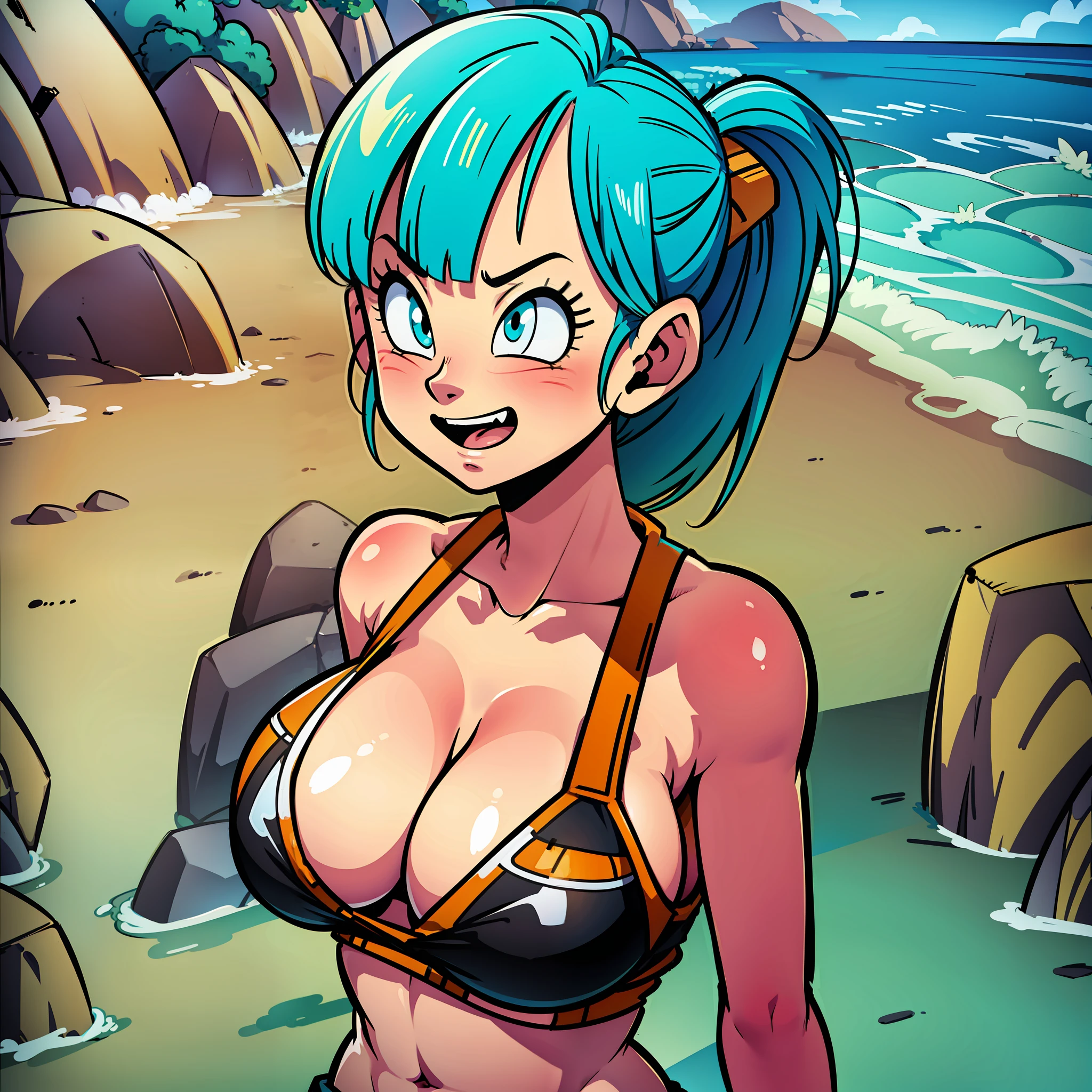 Bulma, sketch, 1girl, solo, happy, breasts, bikini, bangs, beach, Dragon ball z, stripping