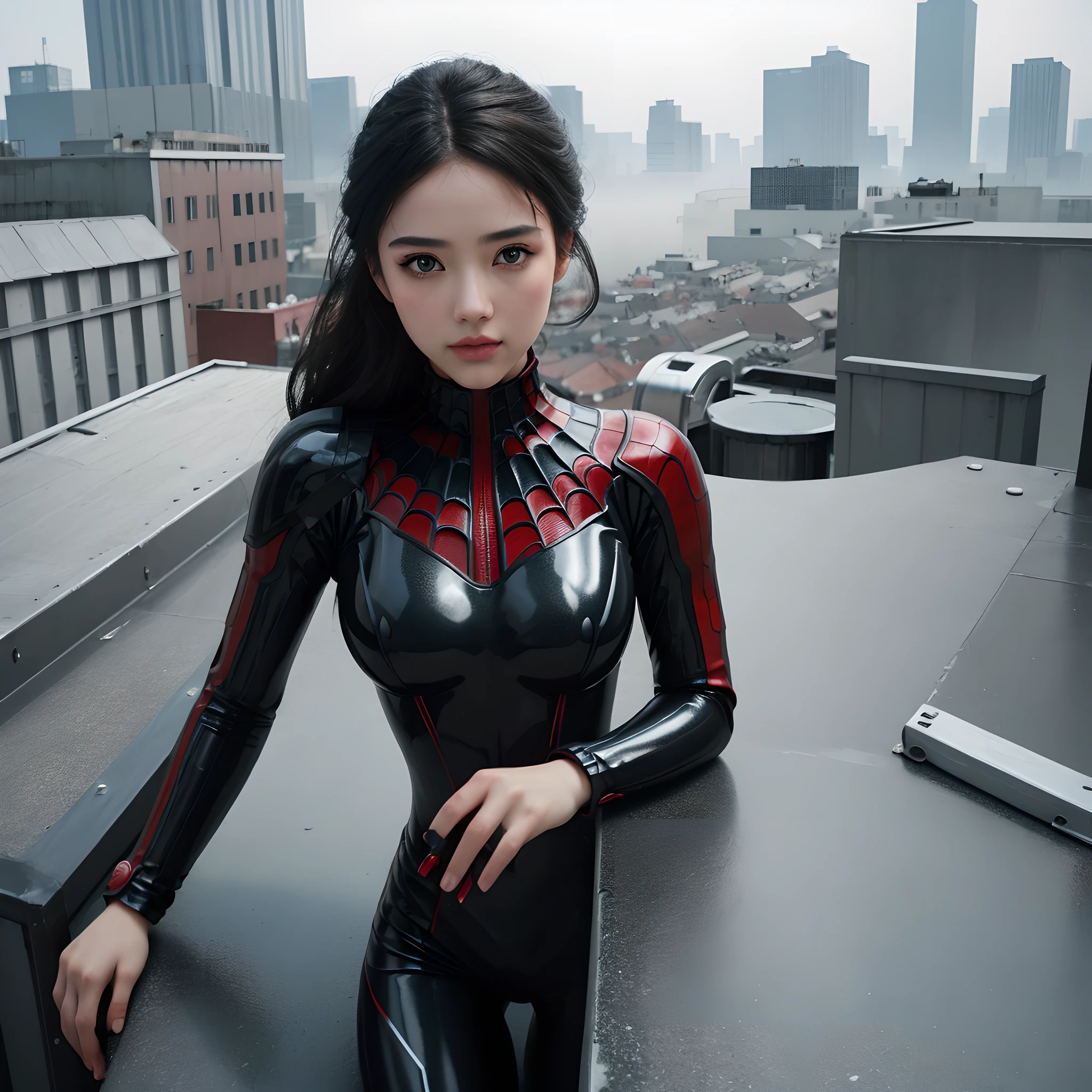(1girl:1.3), Solo, (((Very detailed face)))), ((Very detailed eyes and face)))), Beautiful detail eyes, Body parts__, Official art, Unified 8k wallpaper, Super detailed, beautiful and beautiful, beautiful, masterpiece, best quality, original, masterpiece, super fine photo, best quality, super high resolution, realistic realism, sunlight, full body portrait, amazing beauty, dynamic pose, delicate face, vibrant eyes, (from the front), She wears venom suit, red and black color scheme, spider, very detailed city roof background, rooftop, overlooking the city, detailed face, detailed complex busy background, messy, gorgeous, milky white, highly detailed skin, realistic skin details, visible pores, clear focus, volumetric fog, 8k uhd, DSLR, high quality, film grain, fair skin, photo realism, lomography, futuristic dystopian megalopolis, translucent