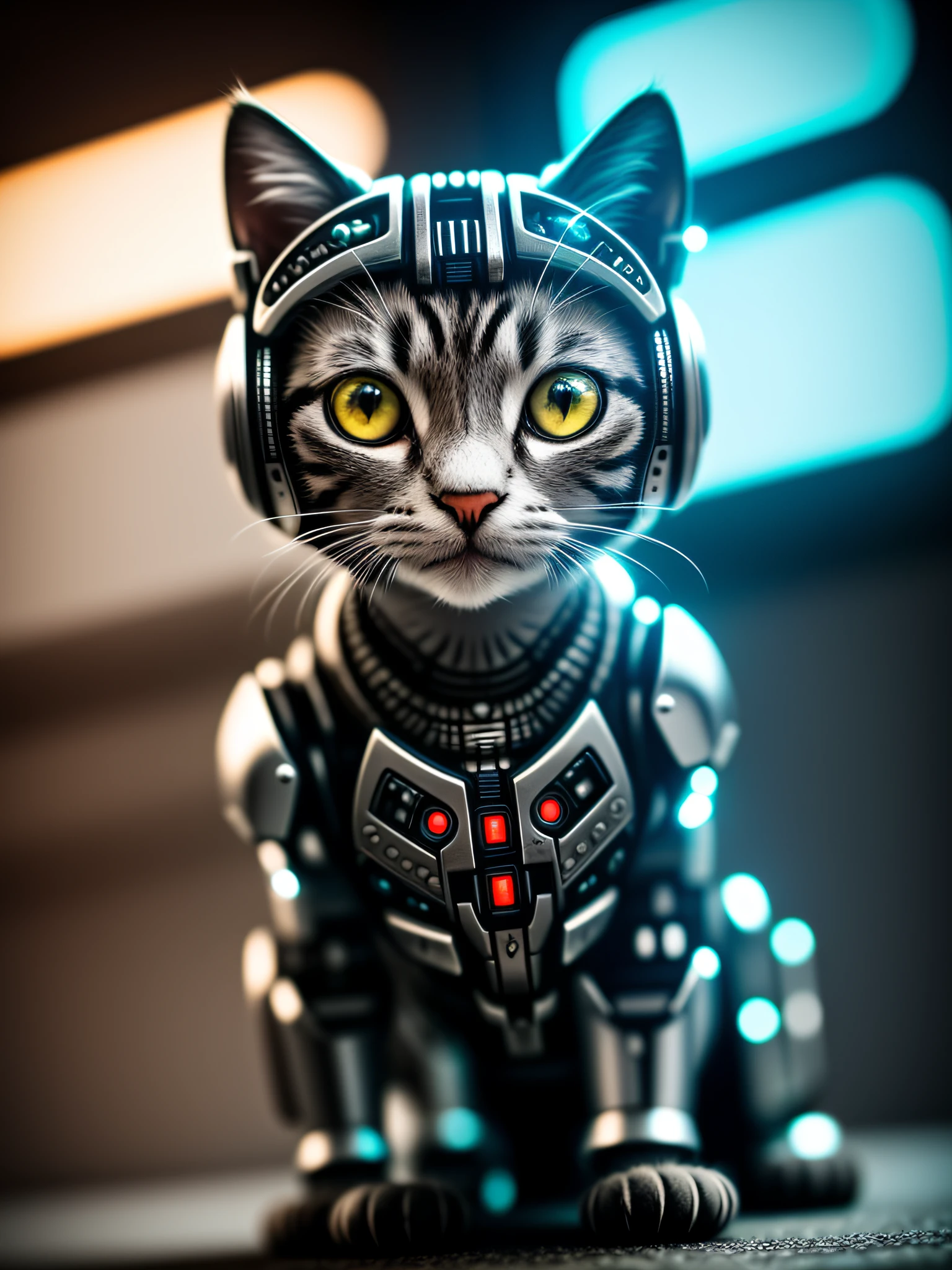 A cute kitten made of metal, (cyborg: 1.1), ([tail|detailed wire]: 1.3), (intricate detail), HDR, (hyperdetailed: 1.2), cinematic lens, centered, cyberpunk